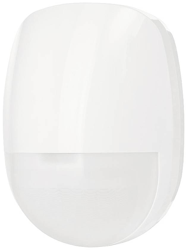 White, oval motion sensor camera with a slightly curved lens at the bottom. Used for automatically detecting movement in rooms.