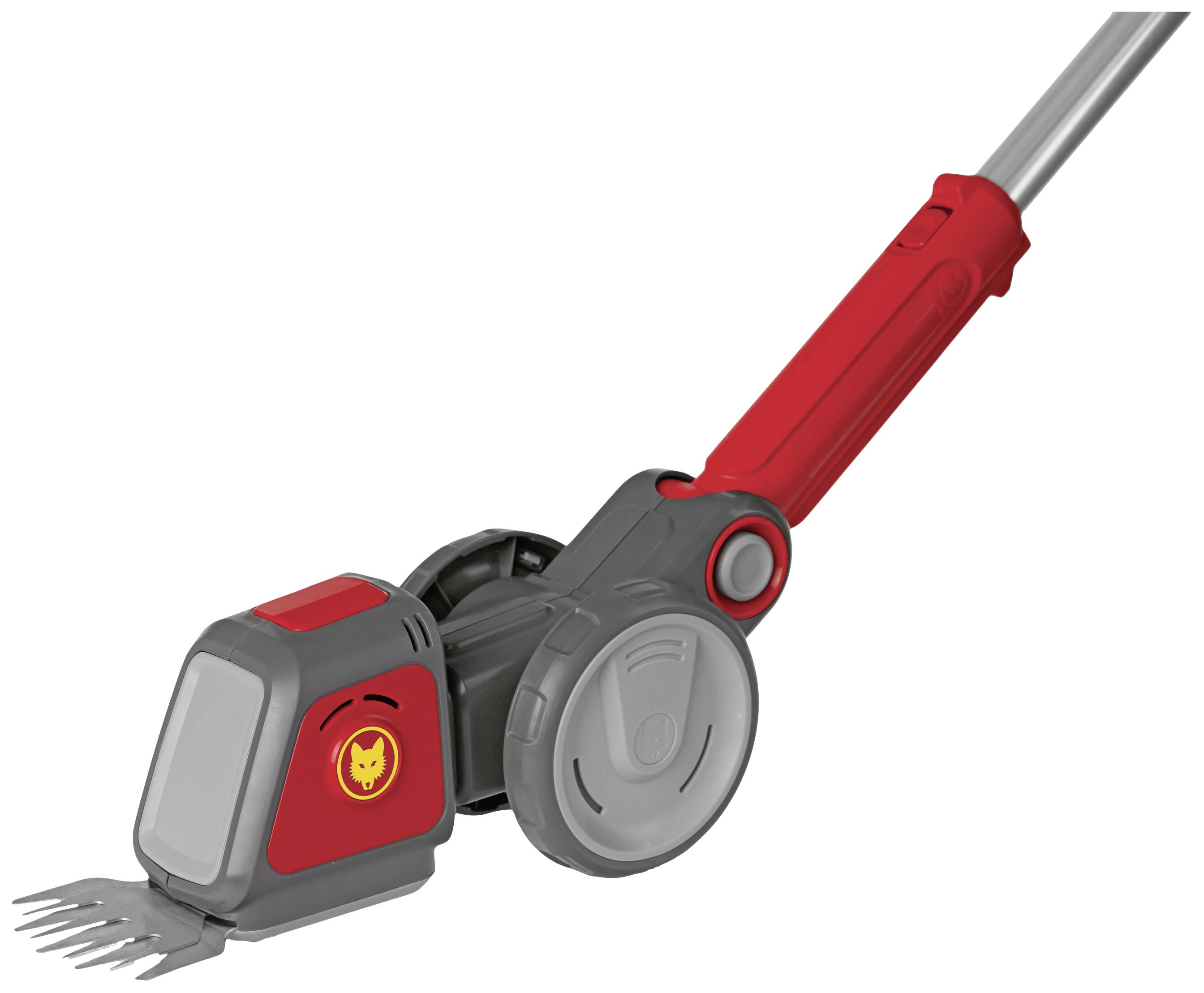 A red and grey electric garden tool with wheels and a handle, presumably for lawn or hedge maintenance.