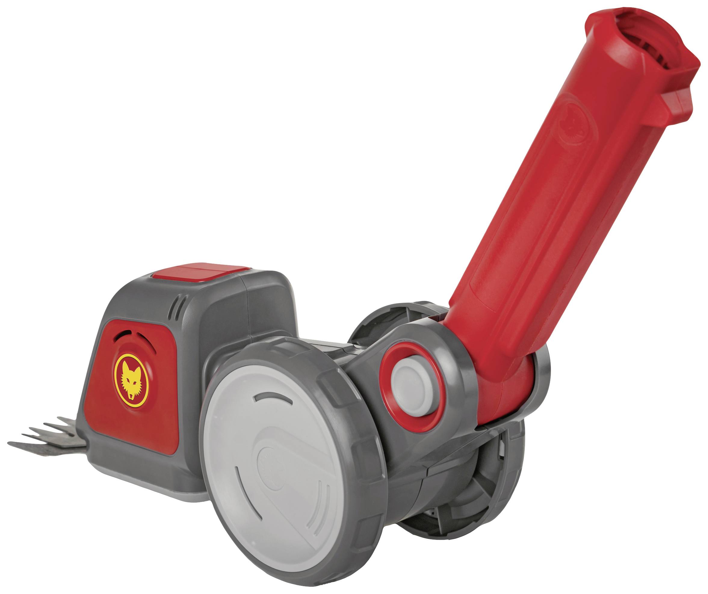 A grey and red toy lawnmower with large wheels and an upright handle bar. Features a yellow cat symbol.
