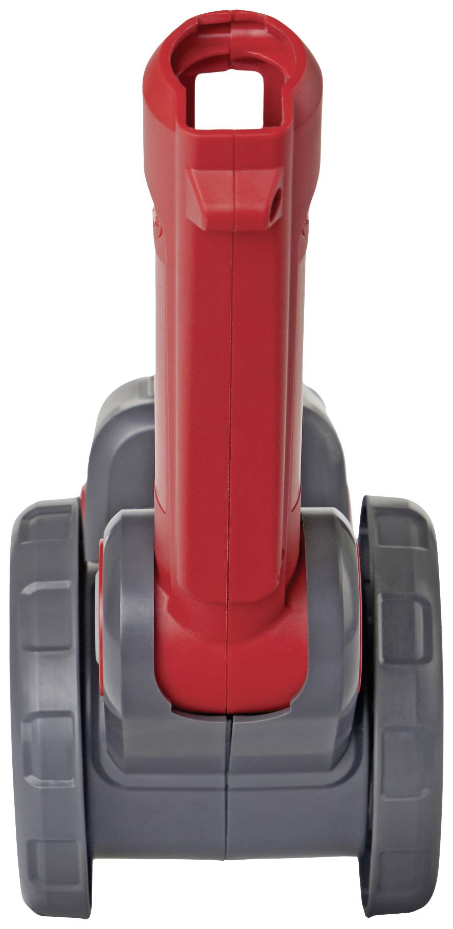 A red and grey toy vehicle with two large wheels and an upright handle, photographed from a bird's-eye view.