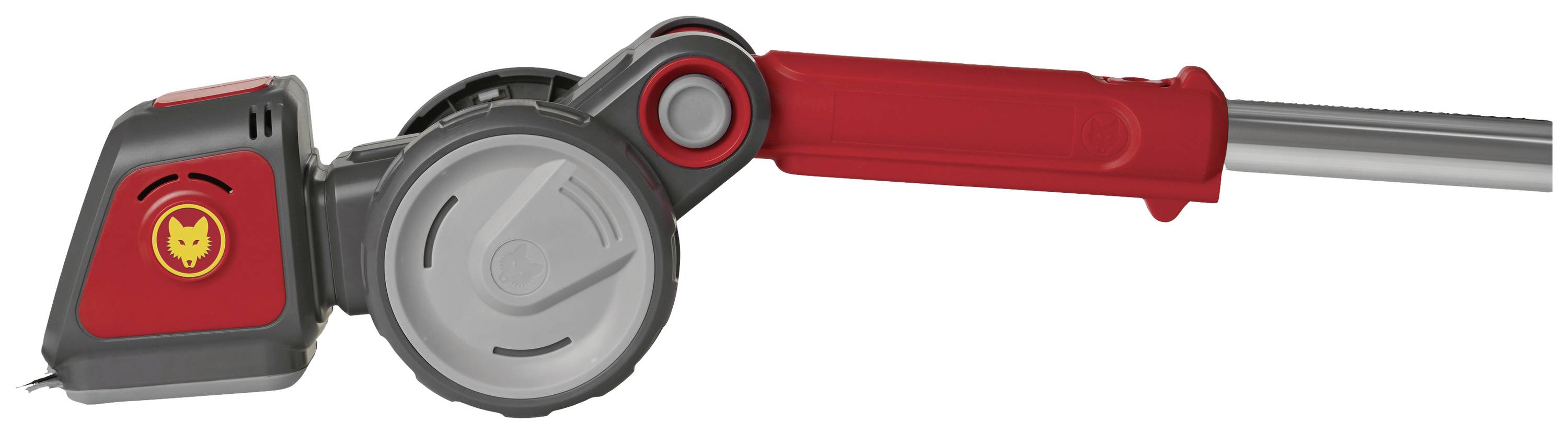Red and grey lawn trimmer with a circular cutting head and ergonomic handle, suitable for efficient garden maintenance.