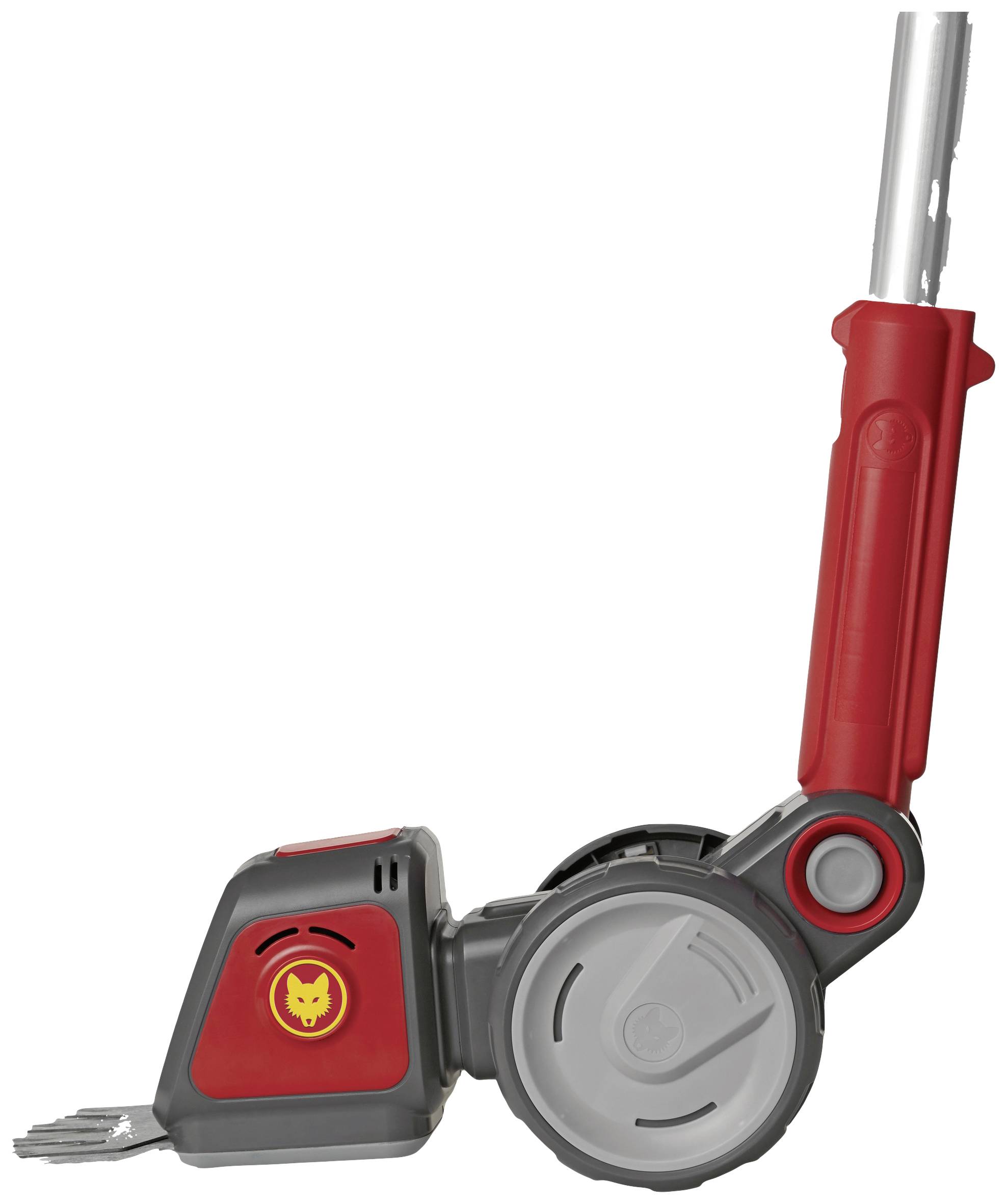 Red and grey toy vehicle with a large side wheel, suitable for use in a modular system or construction set.