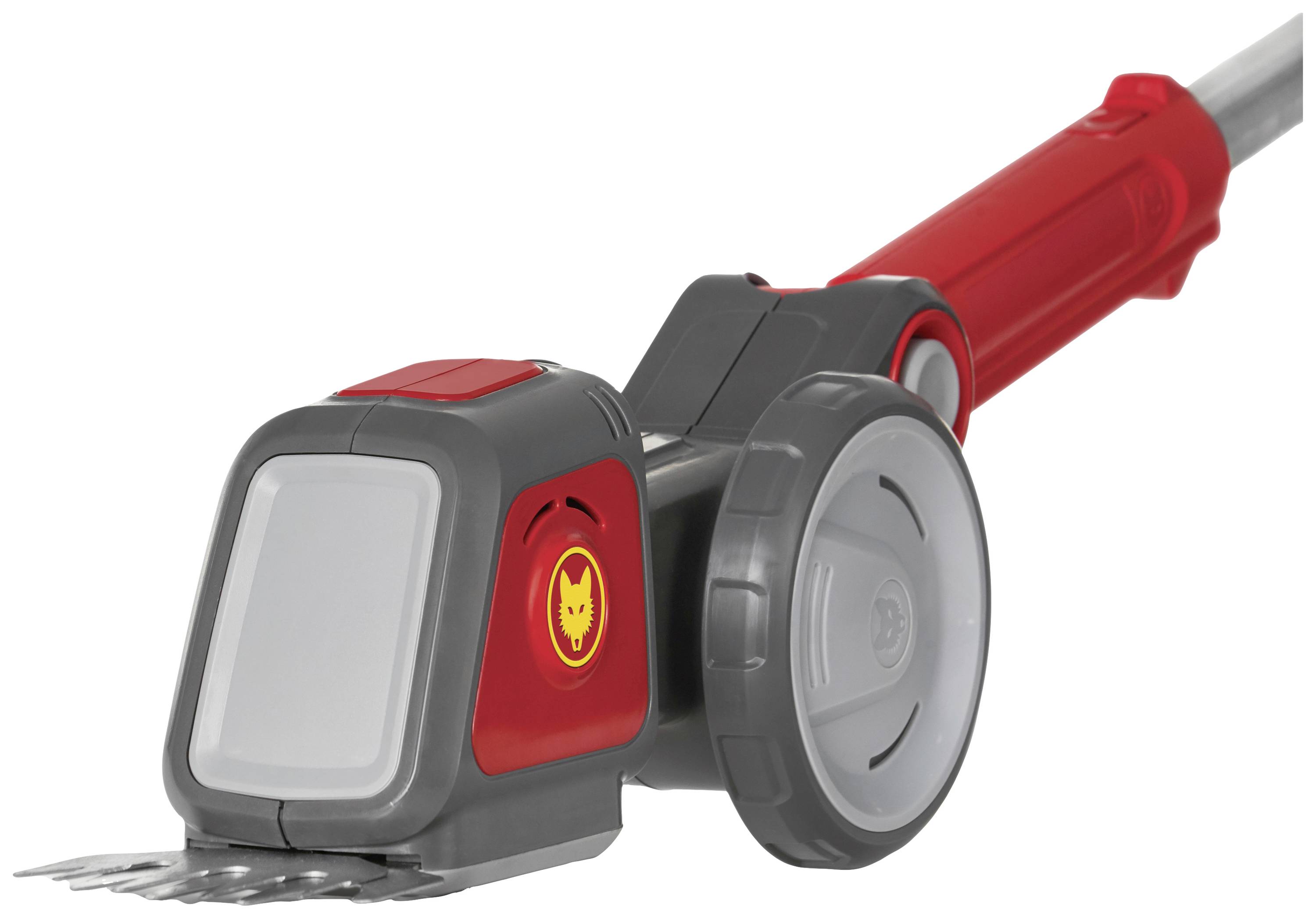 Battery-powered grass shears with a red and grey casing, side wheel for easy guidance, and integrated, sharp cutting blade.