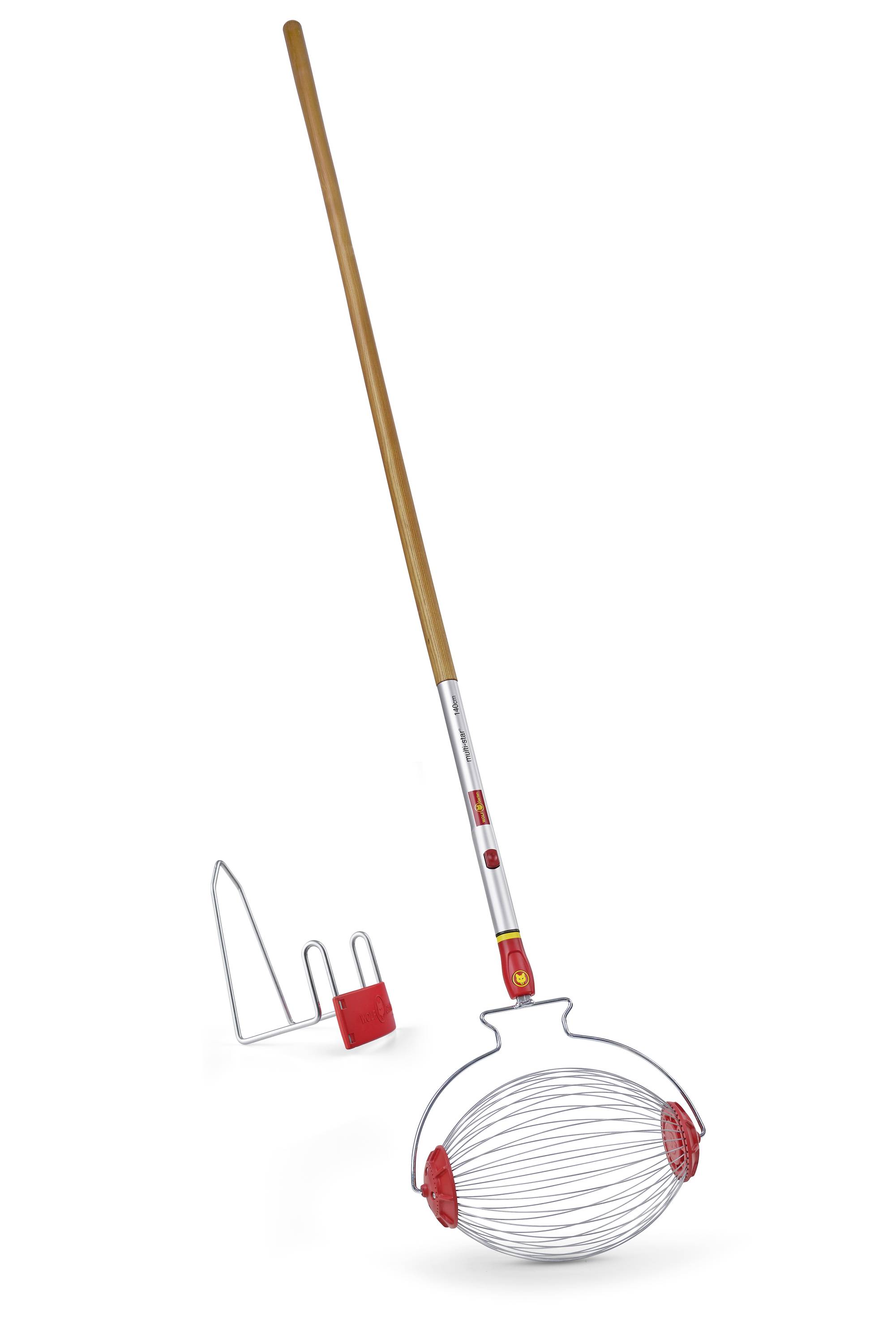 A nut collector with a long wooden handle and a wire basket, alongside a small metal attachment for securing. Ideal for gathering nuts.