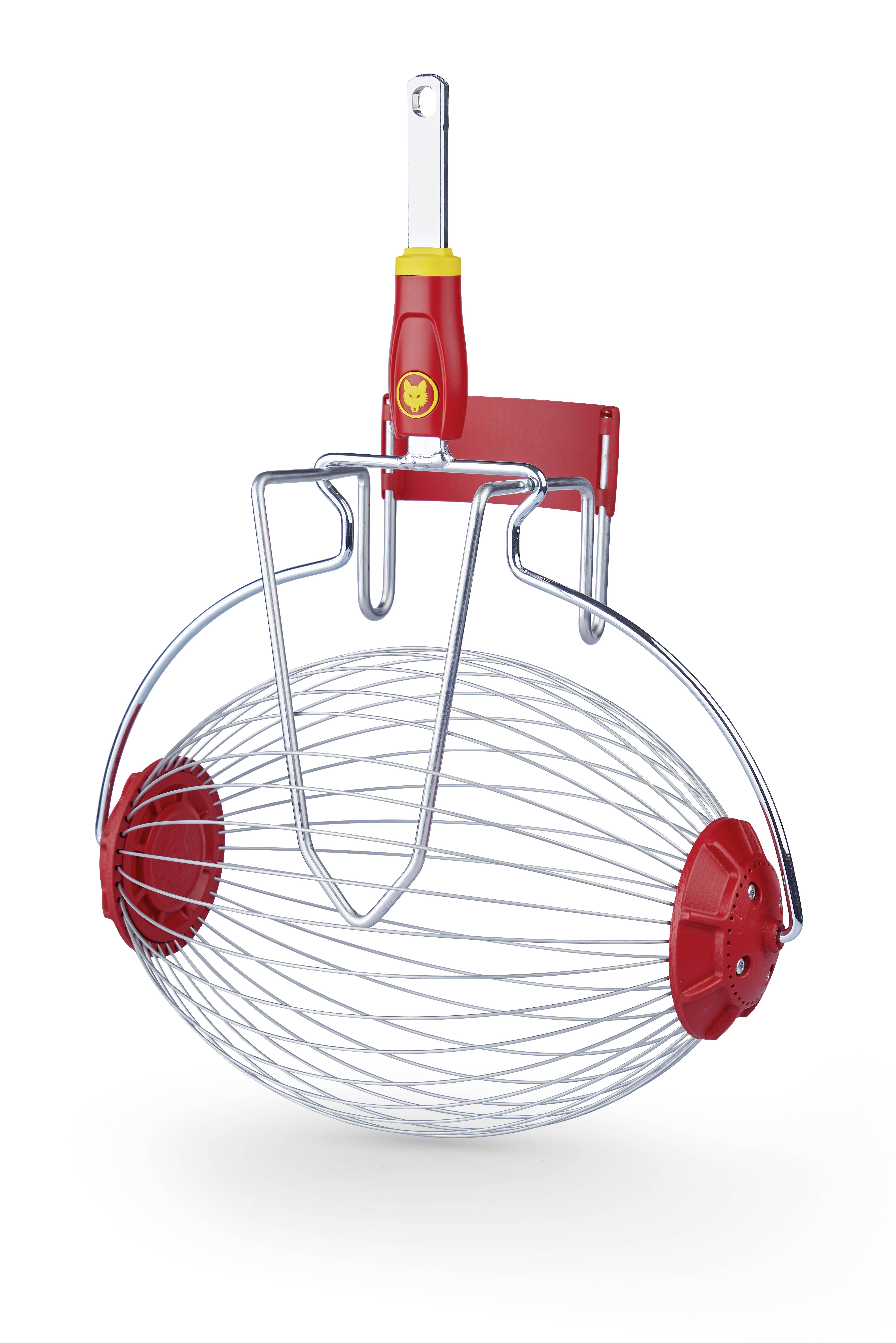 A handy harvest basket with a metal frame and plastic handle, perfect for collecting fruit or nuts.