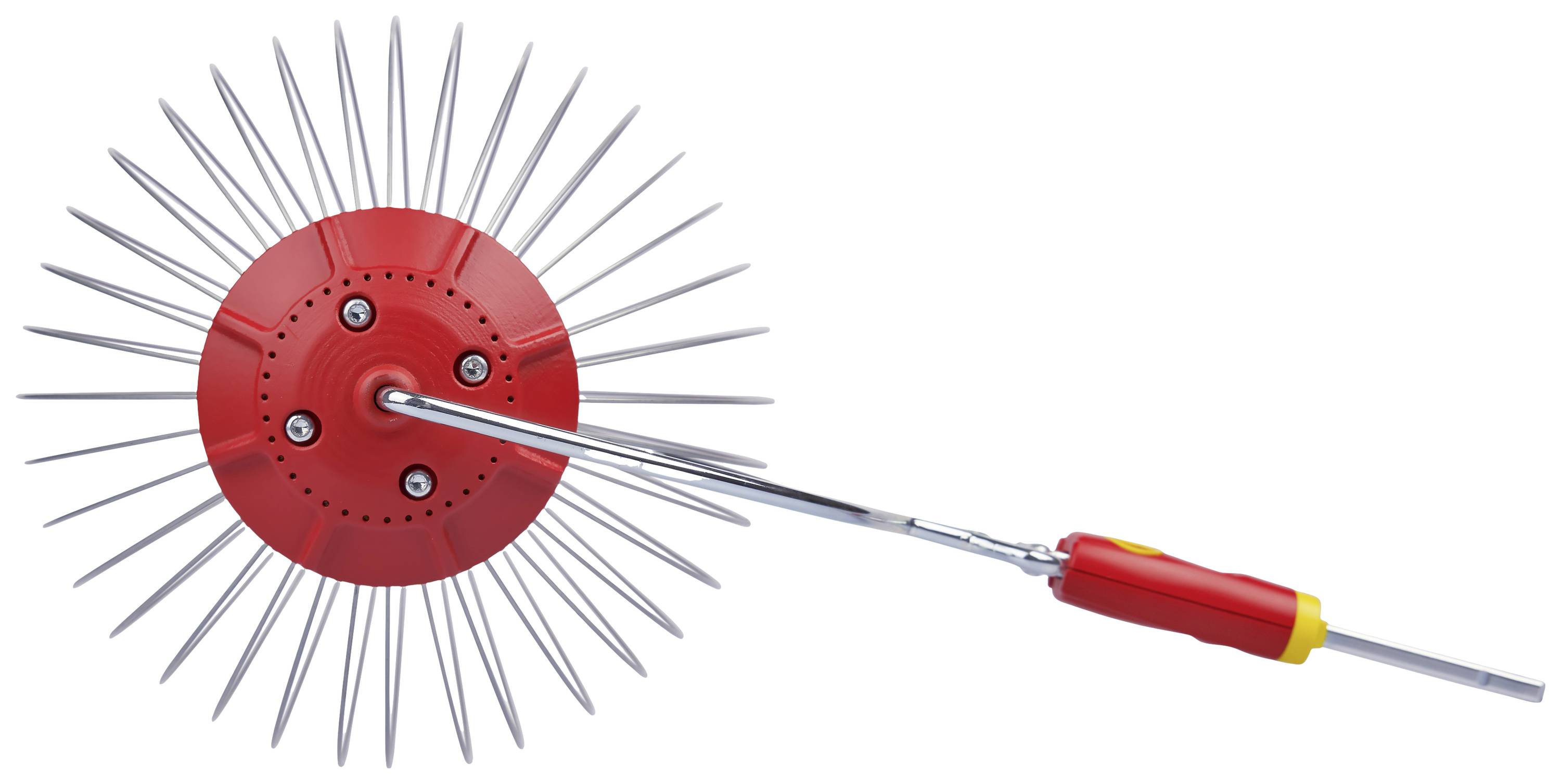 A red garden tool with a round head and many sharp tines, possibly a cultivator or garden fork, used for loosening soil.