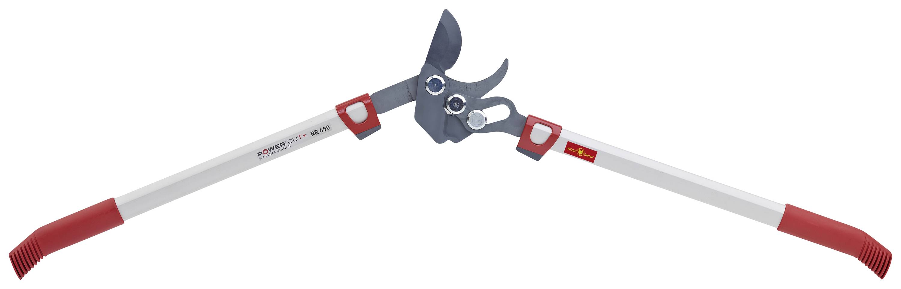 Long-handled garden secateurs, suitable for cutting branches in higher areas. White and red with two blades.