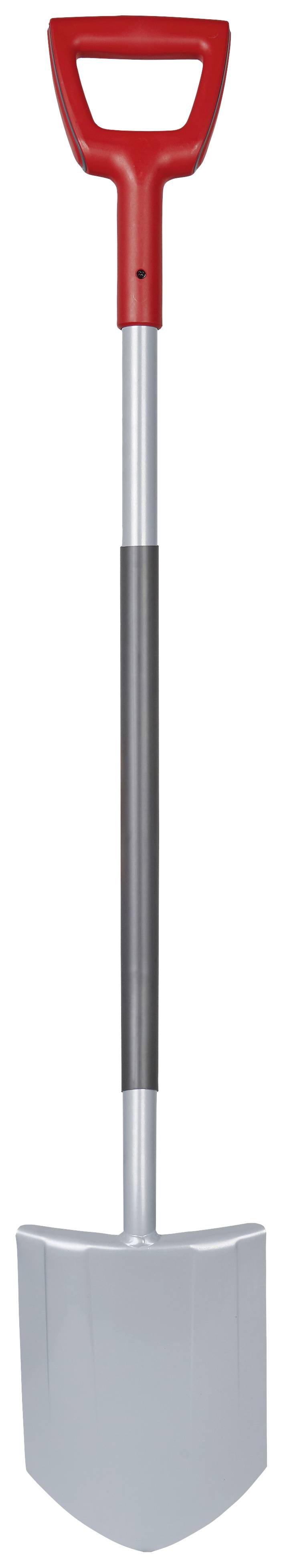 A spade with a red handle and silver blade, suitable for gardening work.
