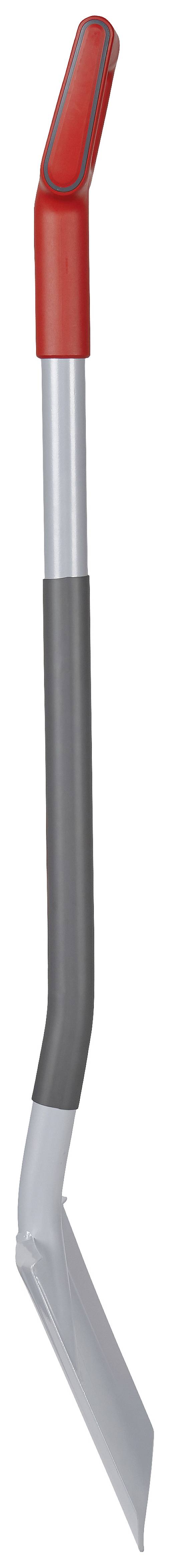 Shovel with a curved handle and red tip, suitable for gardening or snow removal.