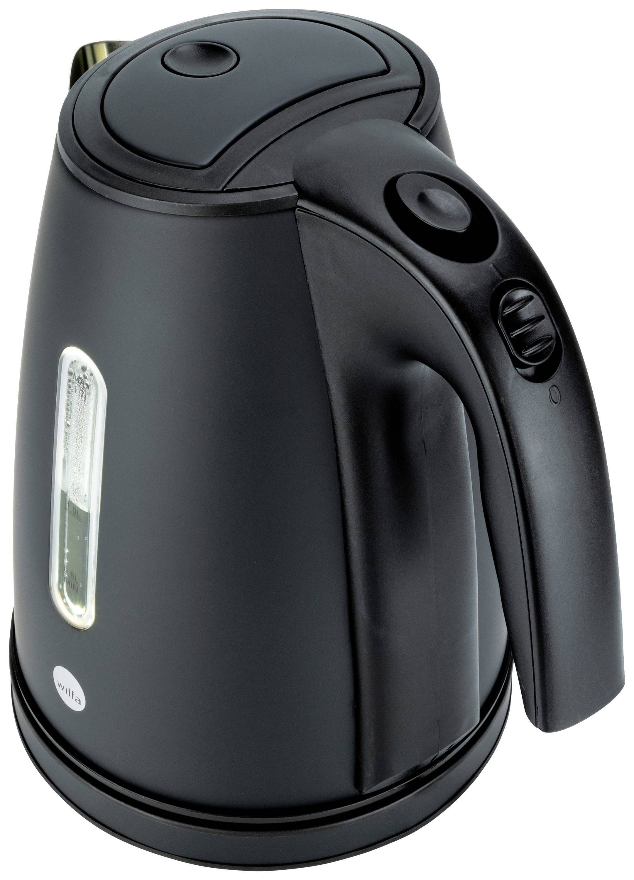 Black kettle with water level indicator and user-friendly handle.