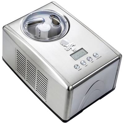 A silver ice cream maker with a digital display and control buttons. Designed for making homemade ice cream.