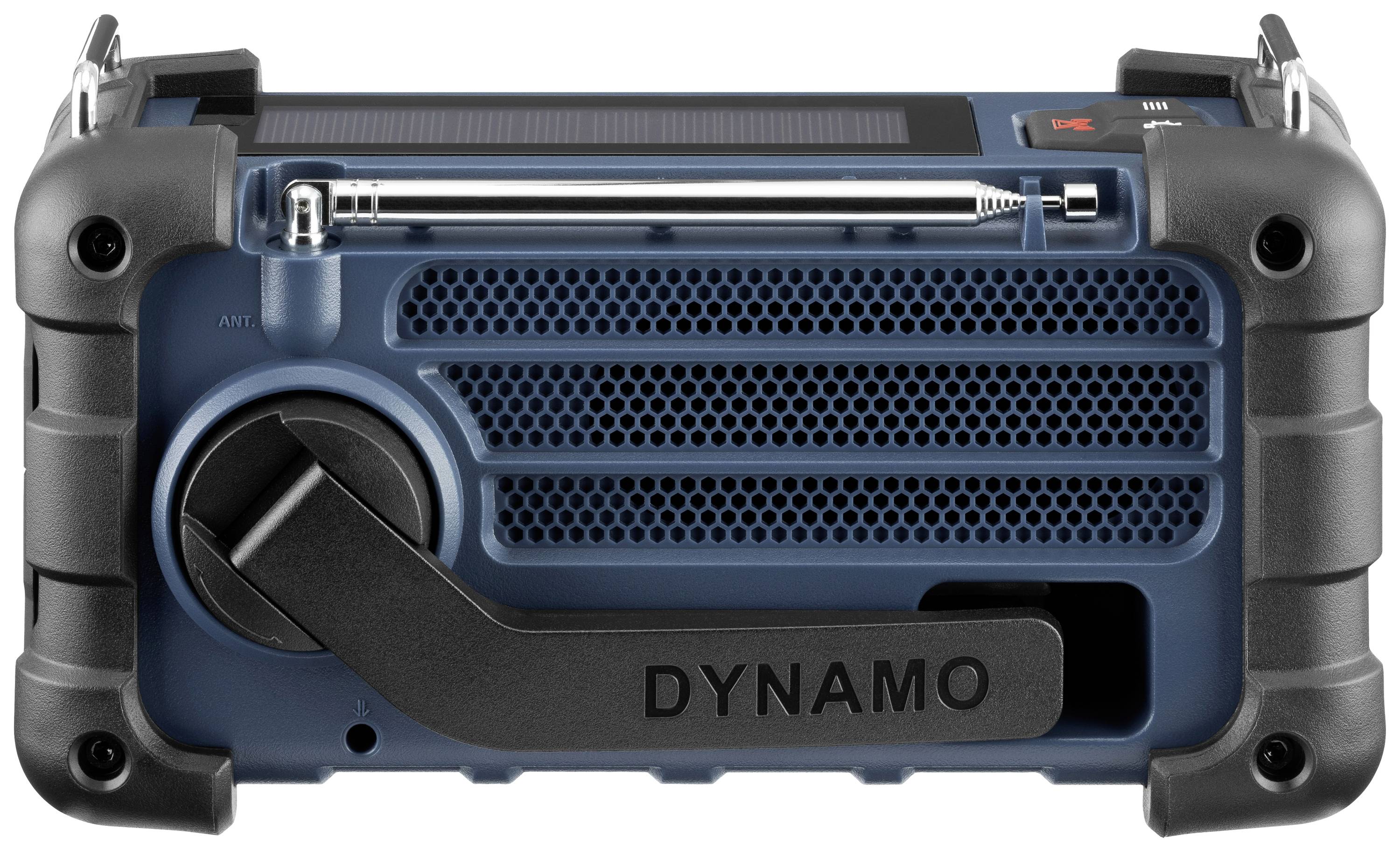 Portable blue emergency radio with hand crank and solar cell. Robustly constructed, ideal for outdoor activities and emergencies.