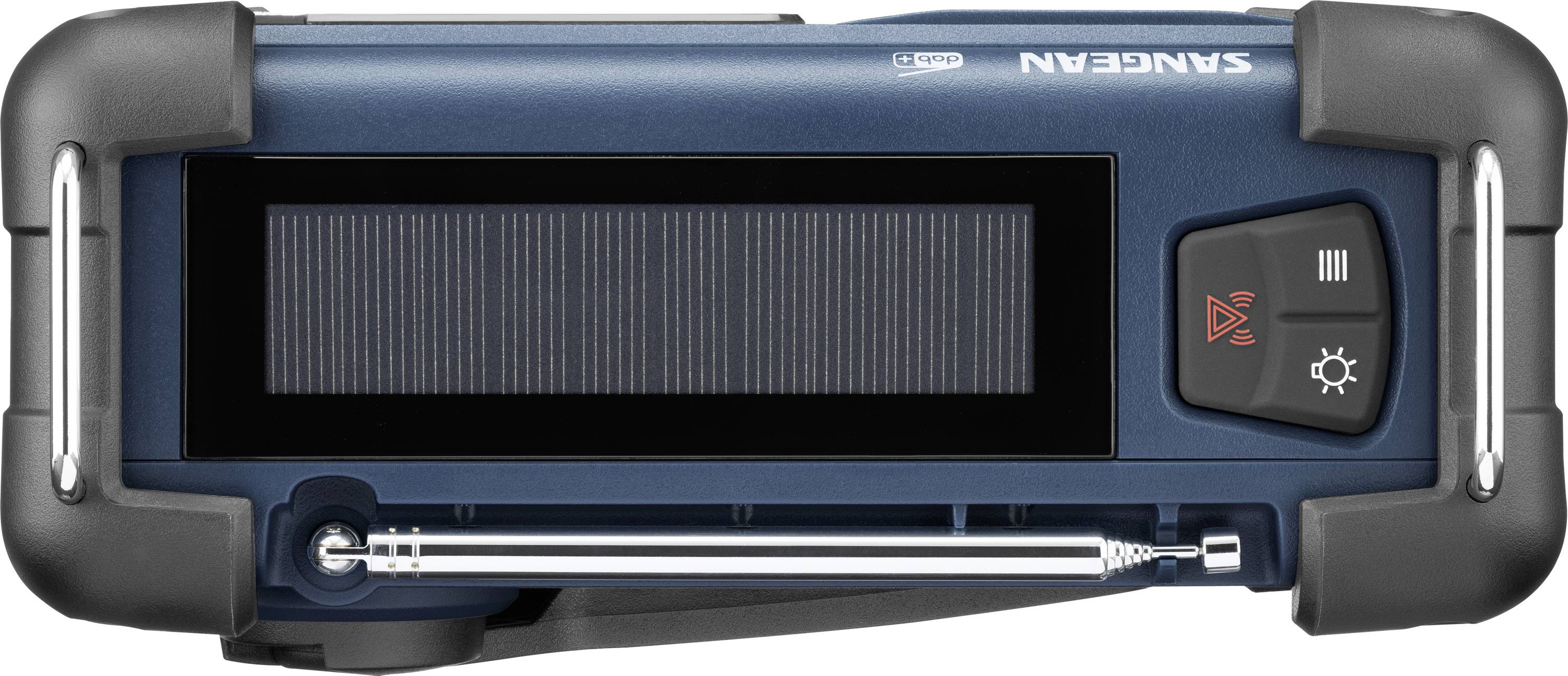 Blue portable radio receiver with solar cell and hand crank. Front panel with buttons for alarm and lighting. Ideal for outdoor use.