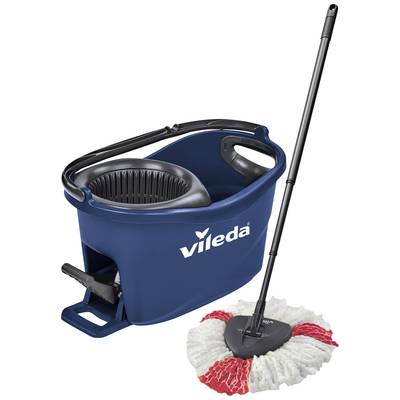 A mop set consisting of a blue bucket with a wringer mechanism and a mop with a red and white head.
