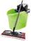 Mop with red and black head and green bucket with wringer attachment.