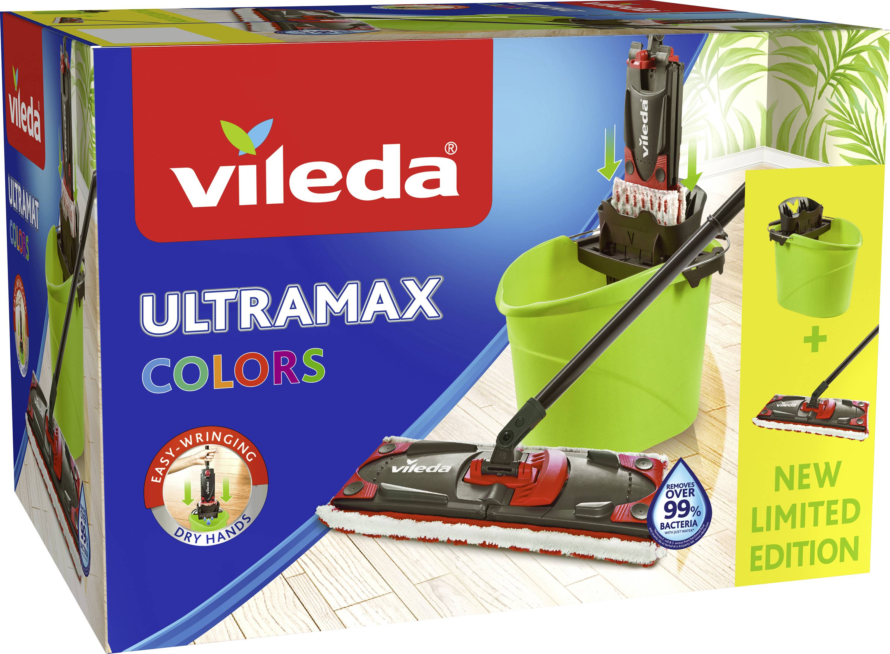 Packaging for a Vileda cleaning system set. Contains a mop with red and black design, green bucket, and text reading 'New Limited Edition'.