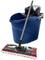 Bucket and mop set. The blue bucket has a black wringer attachment, the mop has a black handle and a red and white mop head.