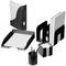 A black and white desk organiser set with a wastepaper bin, a pen holder, a letter tray and document holders.