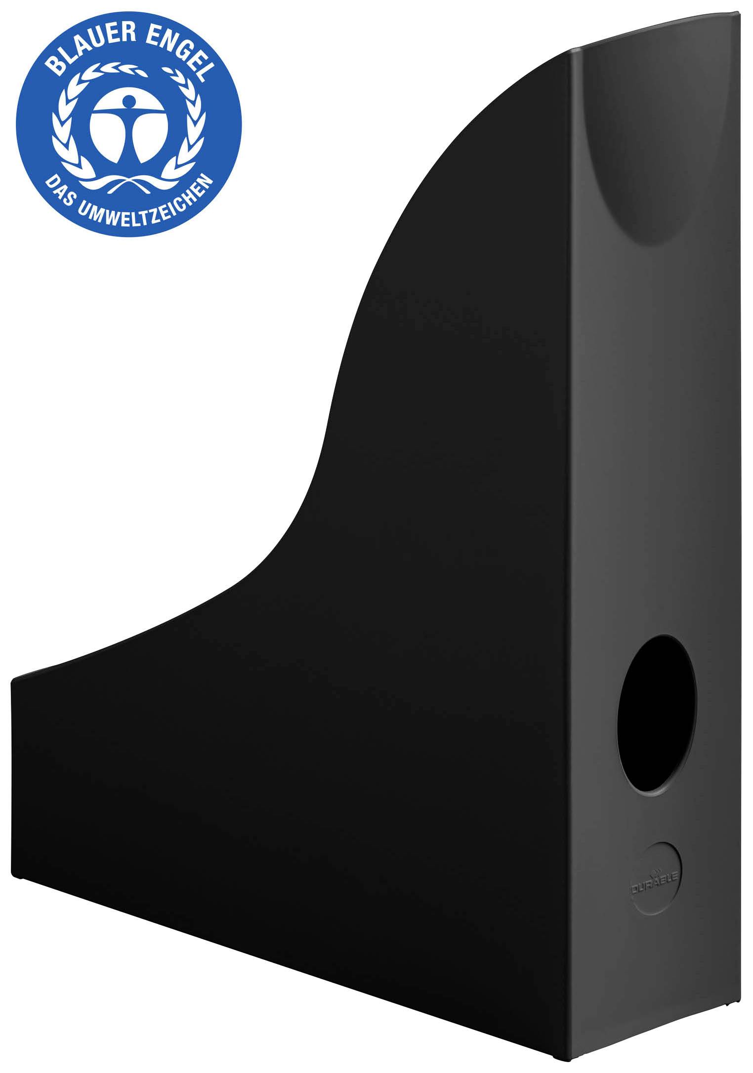 A black standing file holder with the 'Blue Angel' environmental label in the top left corner, which represents environmentally friendly products.