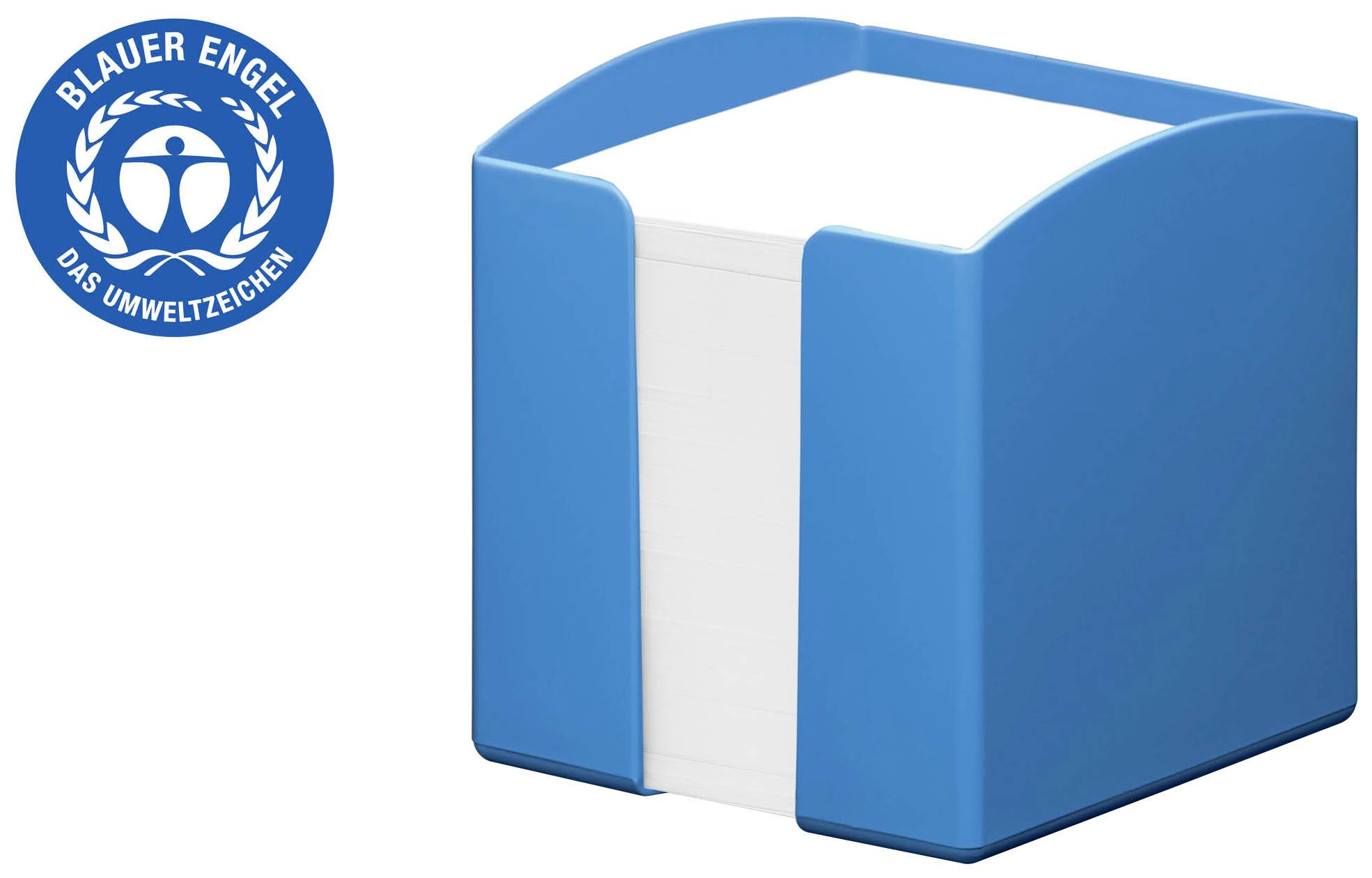 A blue card holder with white cards, next to the 'Blue Angel' environmental seal.