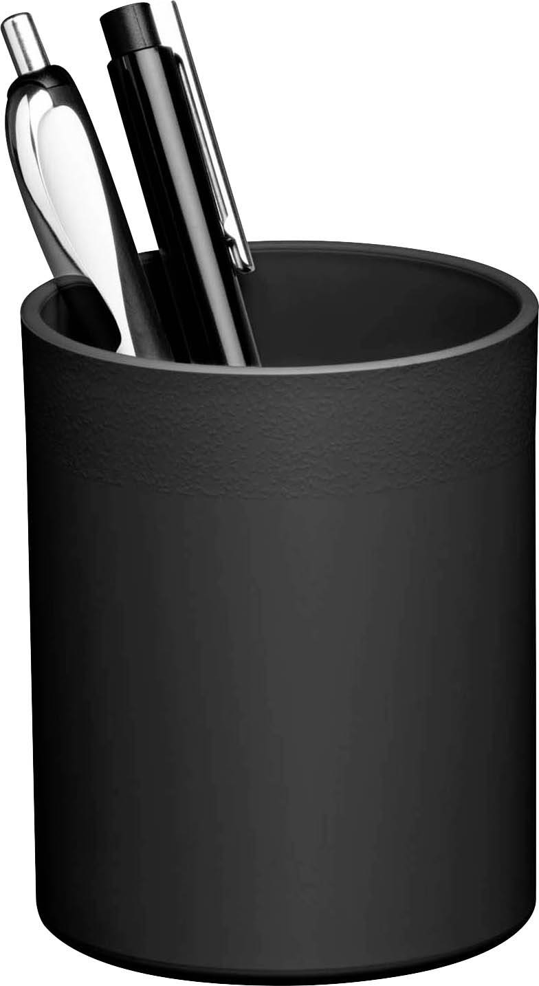 'Black pen holder with a silver and a black pen.'