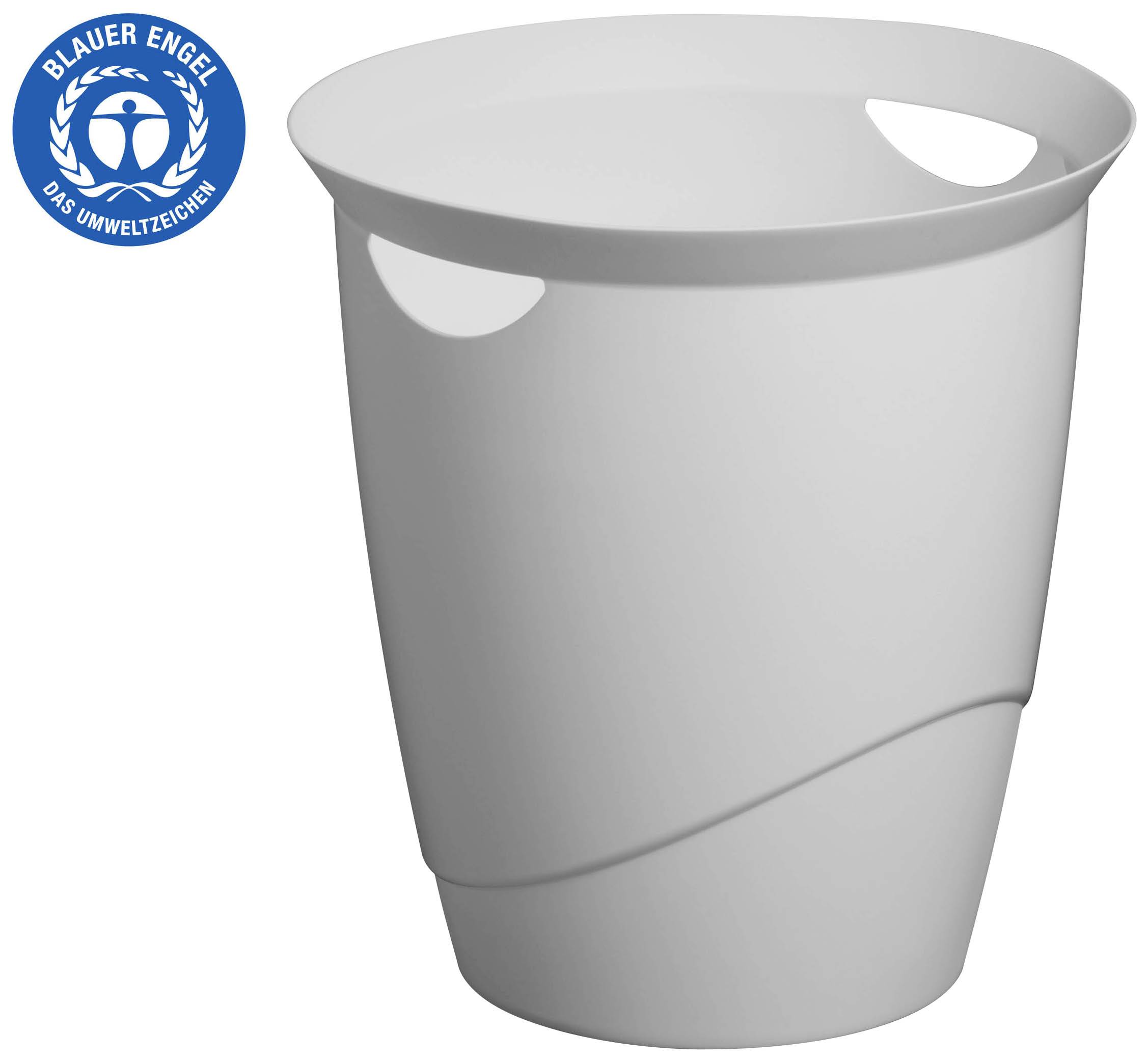 A white waste bin made from recycled material, featuring the 'Blue Angel' environmental certification label.