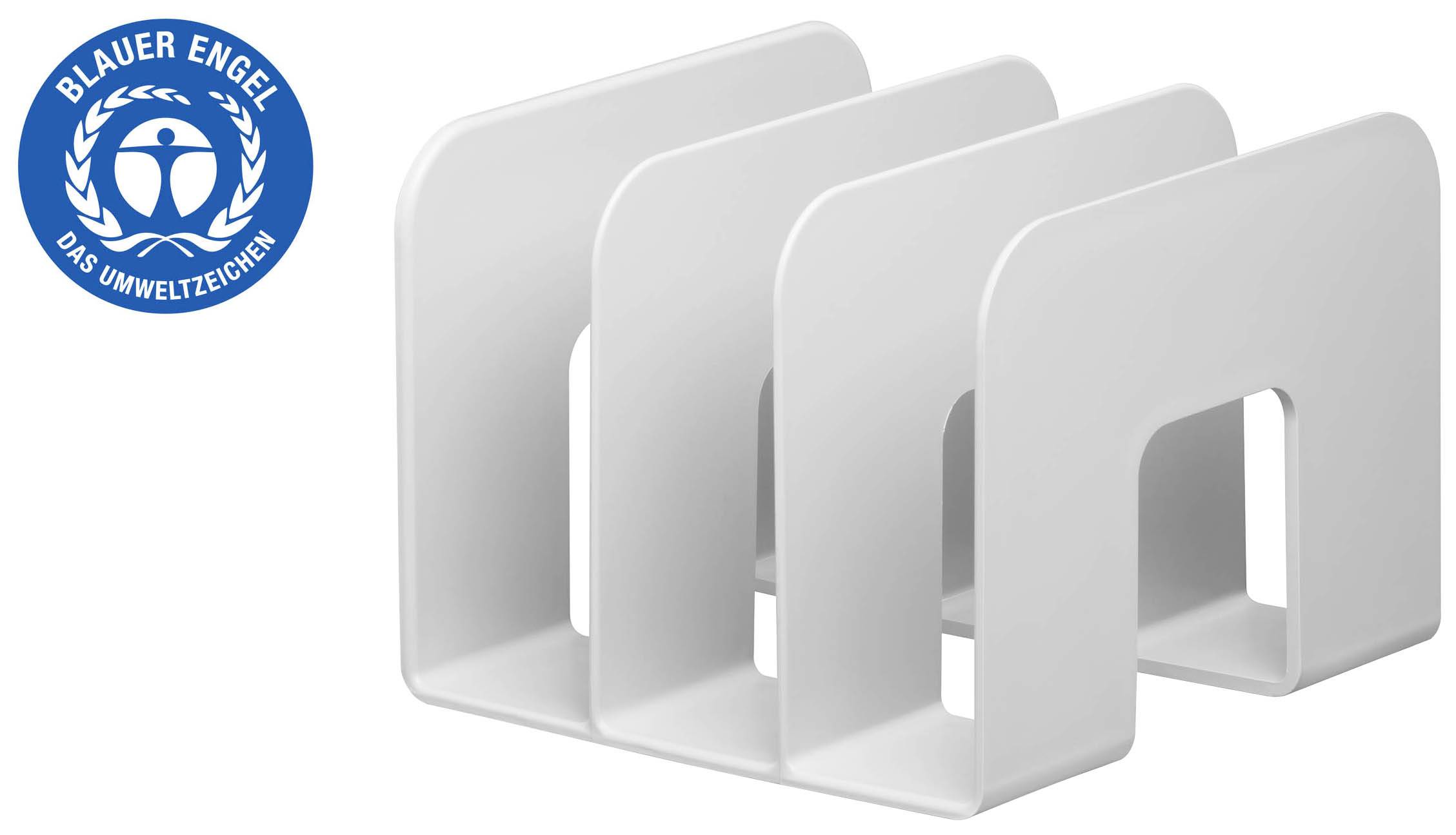 Document holder made of white plastic with three compartments. 'Blue Angel' environmental label in the top left corner.