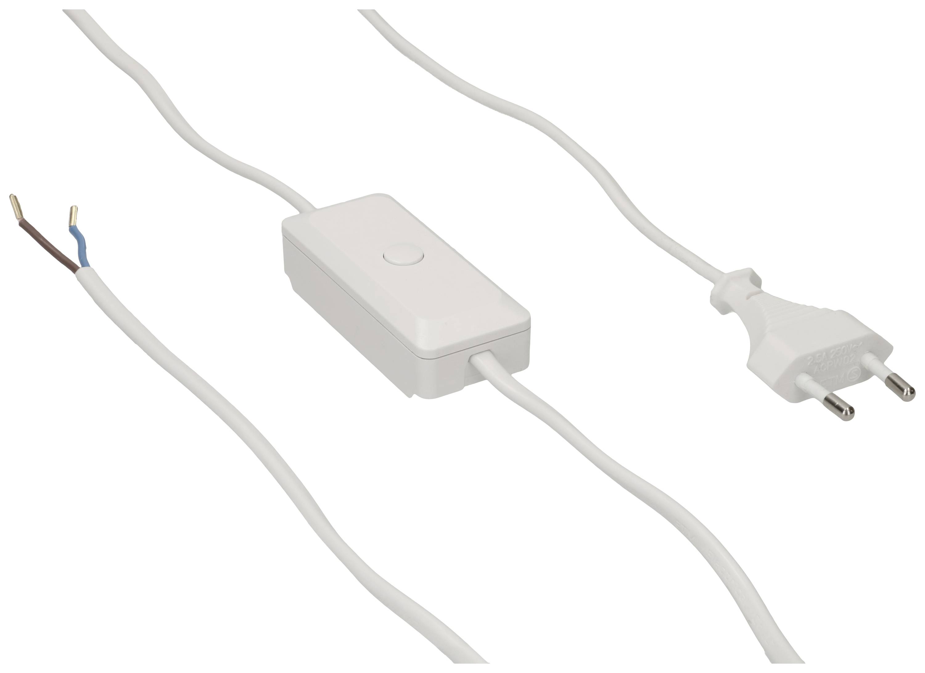 White electric cable with a switch and a plug on one side, exposed wires on the other side.