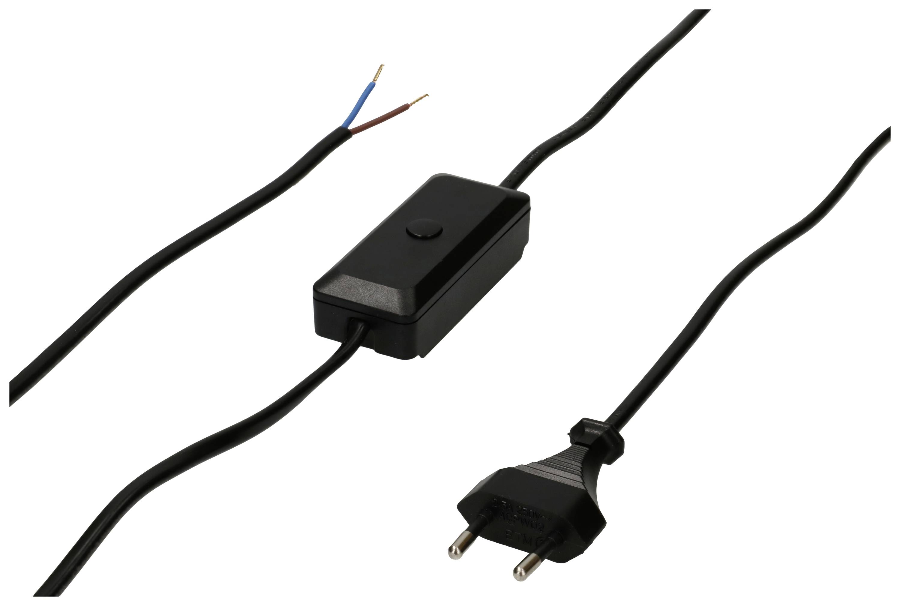 Black switch with two cables: one with an open end and one with a plug.