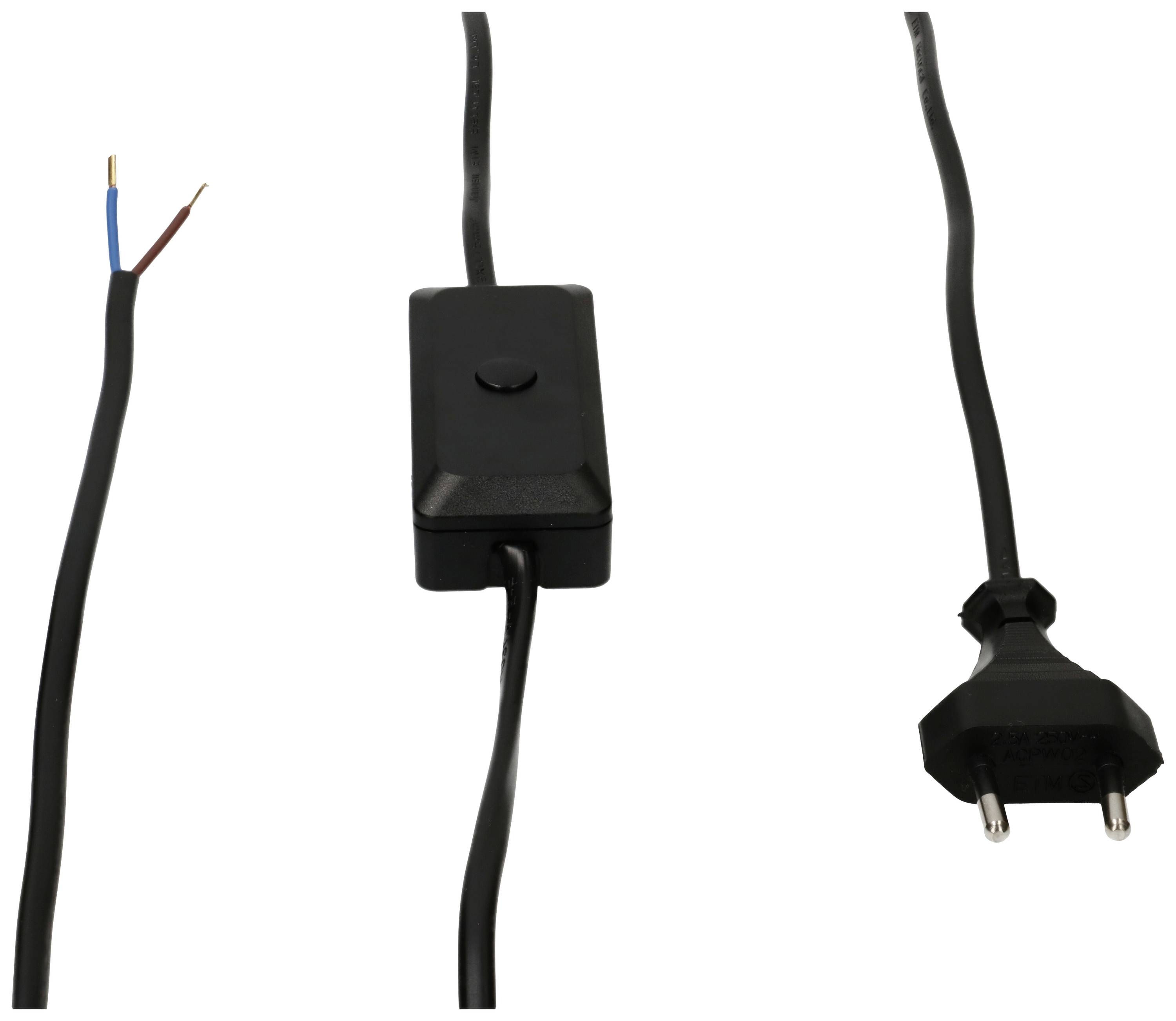 An electrical cable with a switch in the middle and a European plug at the end.