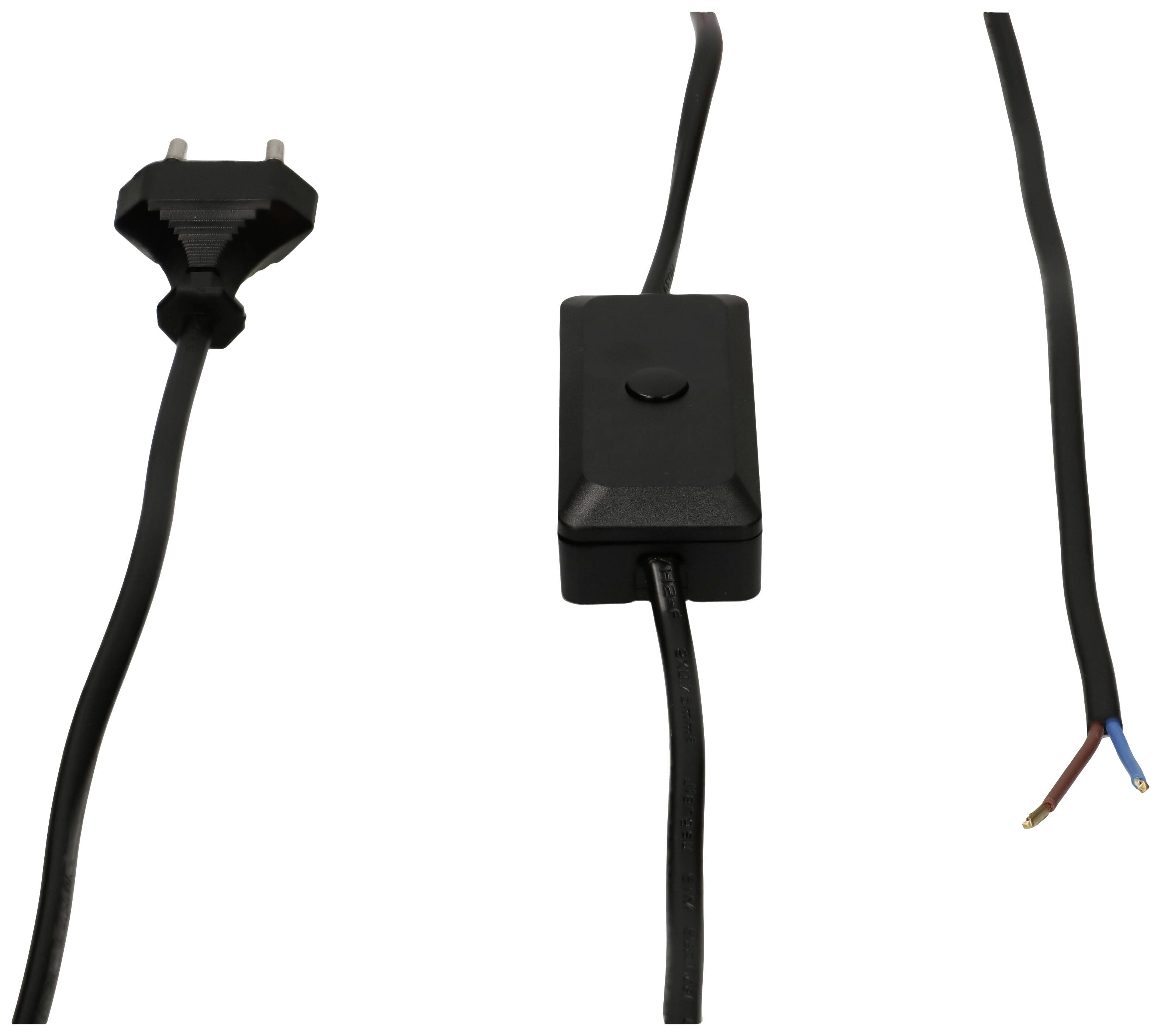 A black network cable with a plug on the left side, a switch in the middle, and exposed wire ends on the right side.