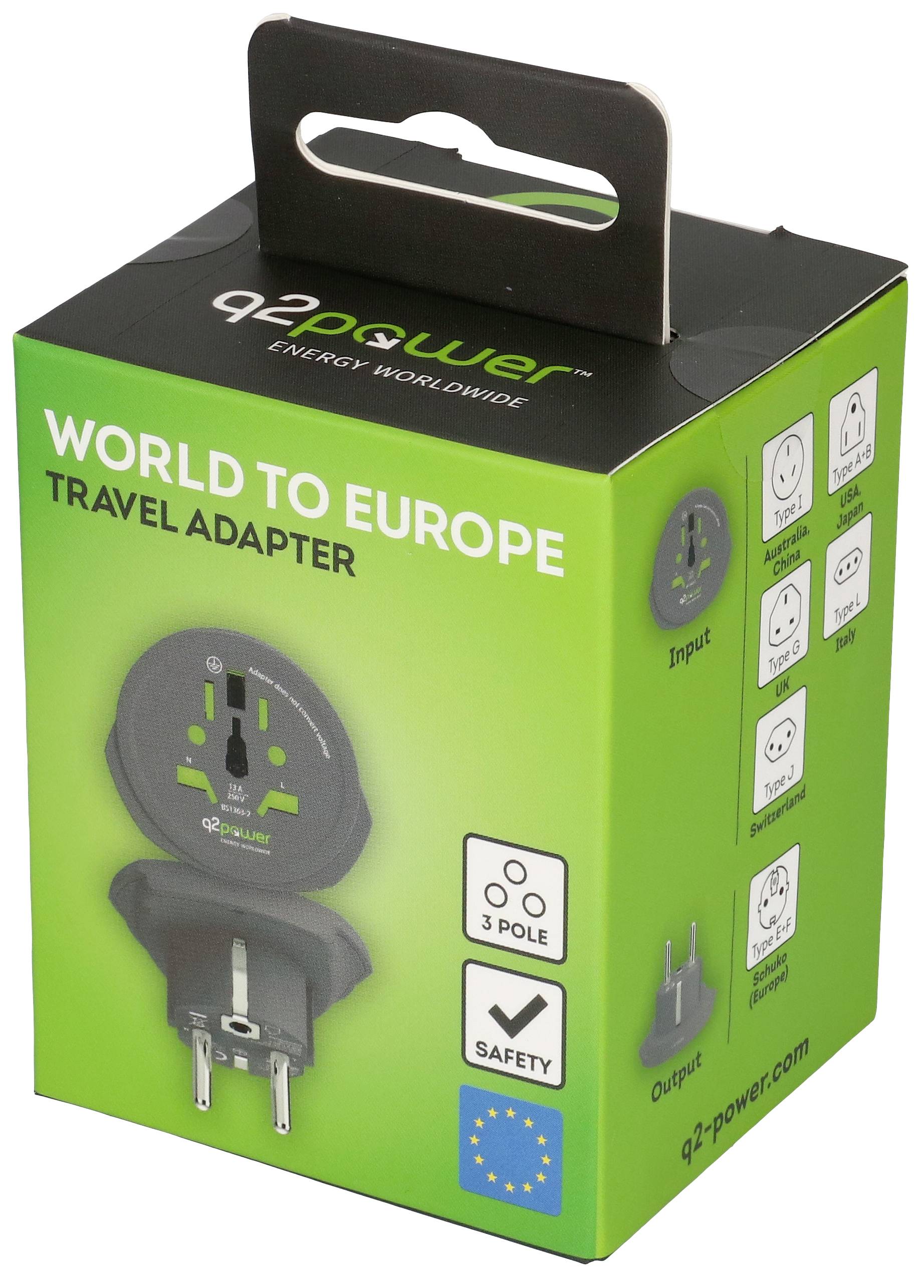 Travel adapter 'World to Europe', 3-pin, for European plug sockets, green packaging, marked with safety features.