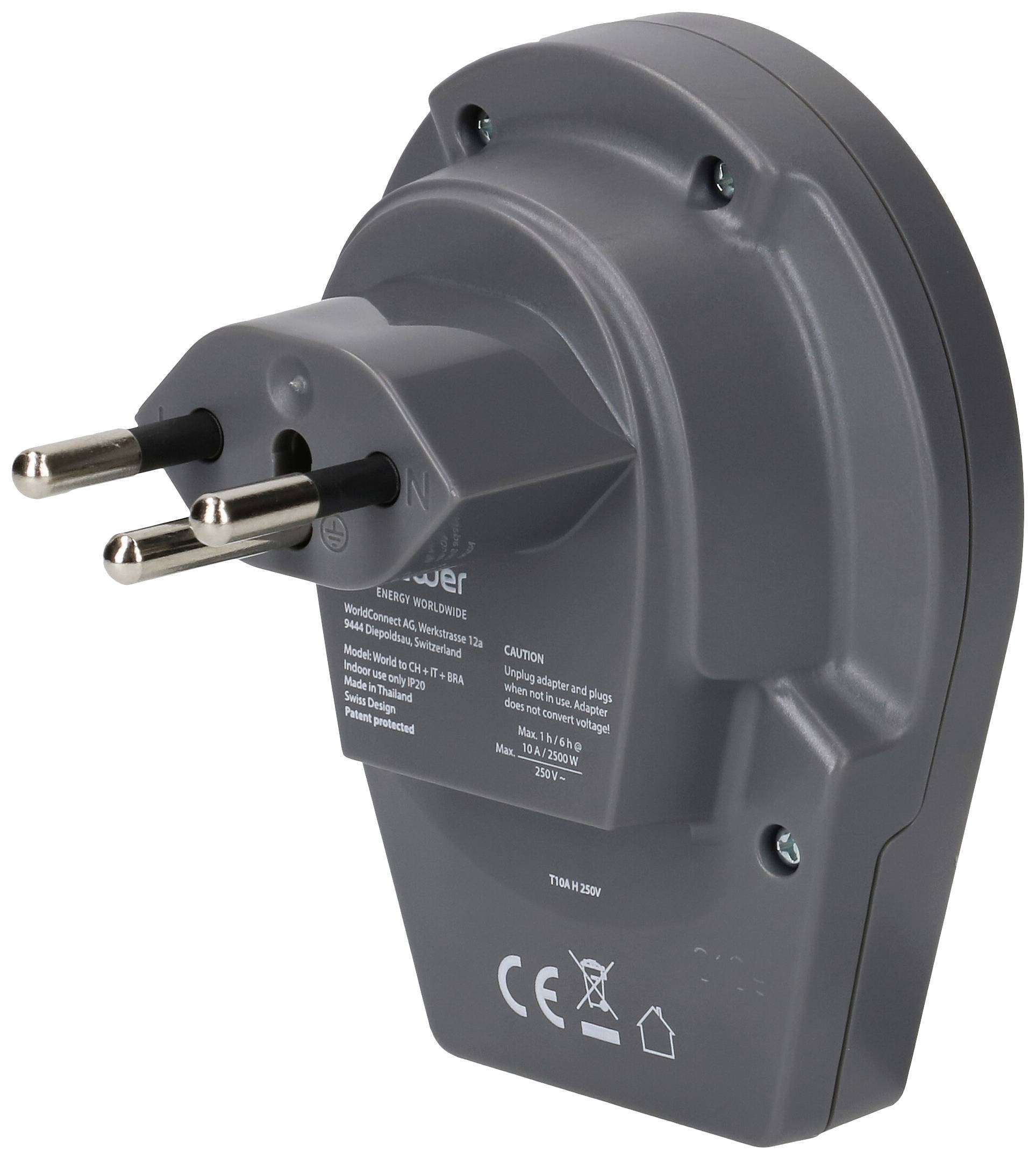 A grey adapter plug with two metal pins and several warning notices on the back. Suitable for various electrical connections.