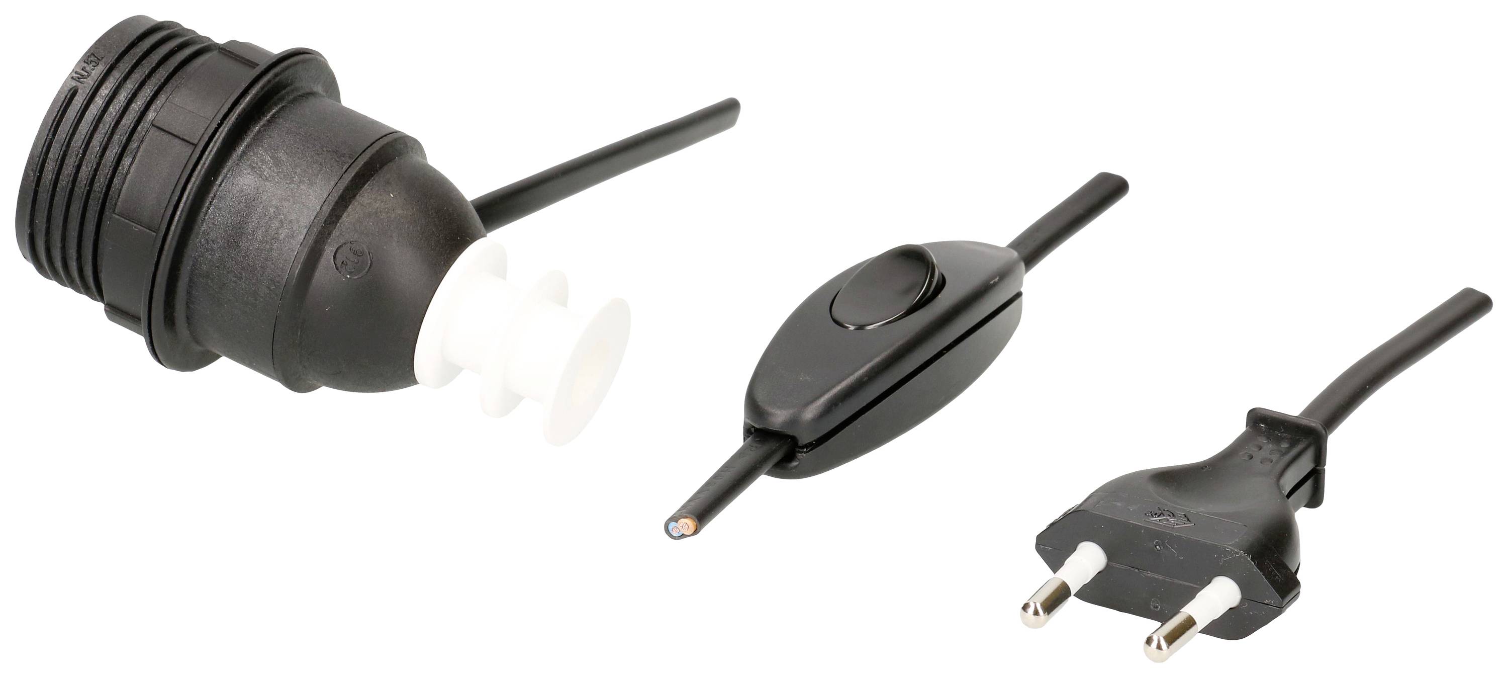 Black Euro plug set with cable, intermediate plug and Euro plug. Suitable for electrical device wiring in Europe.