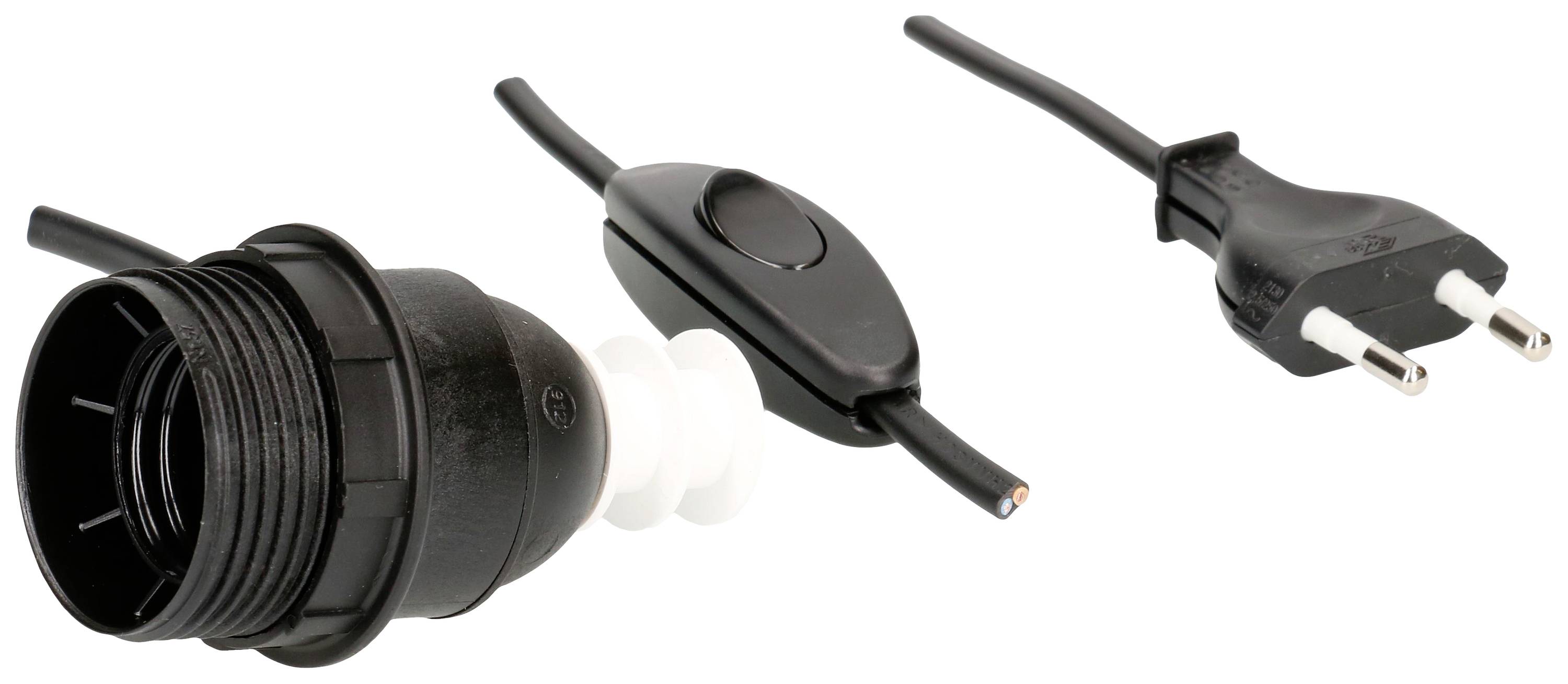 A black lamp socket with a switch and EU mains plug is placed on a white background. It is suitable for connecting light bulbs.