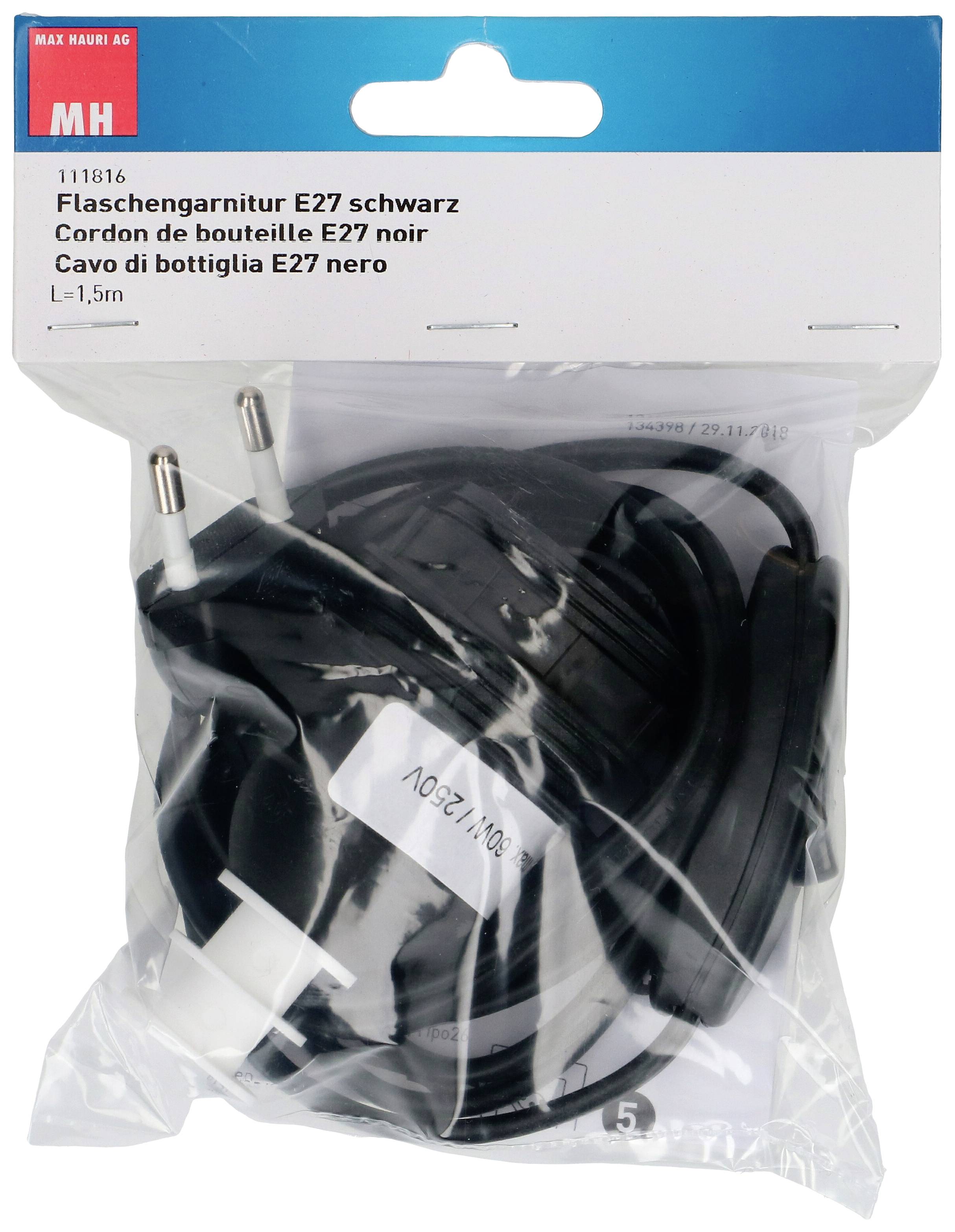'E27 Black Bottle Light Fitting', Packaging for a black cable with plug and lamp holder, L=1.5m, by Max Hauri AG brand.