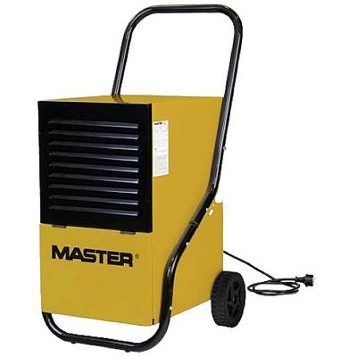 Yellow portable dehumidifier with a black front grille, large handle and two wheels for easy mobility.