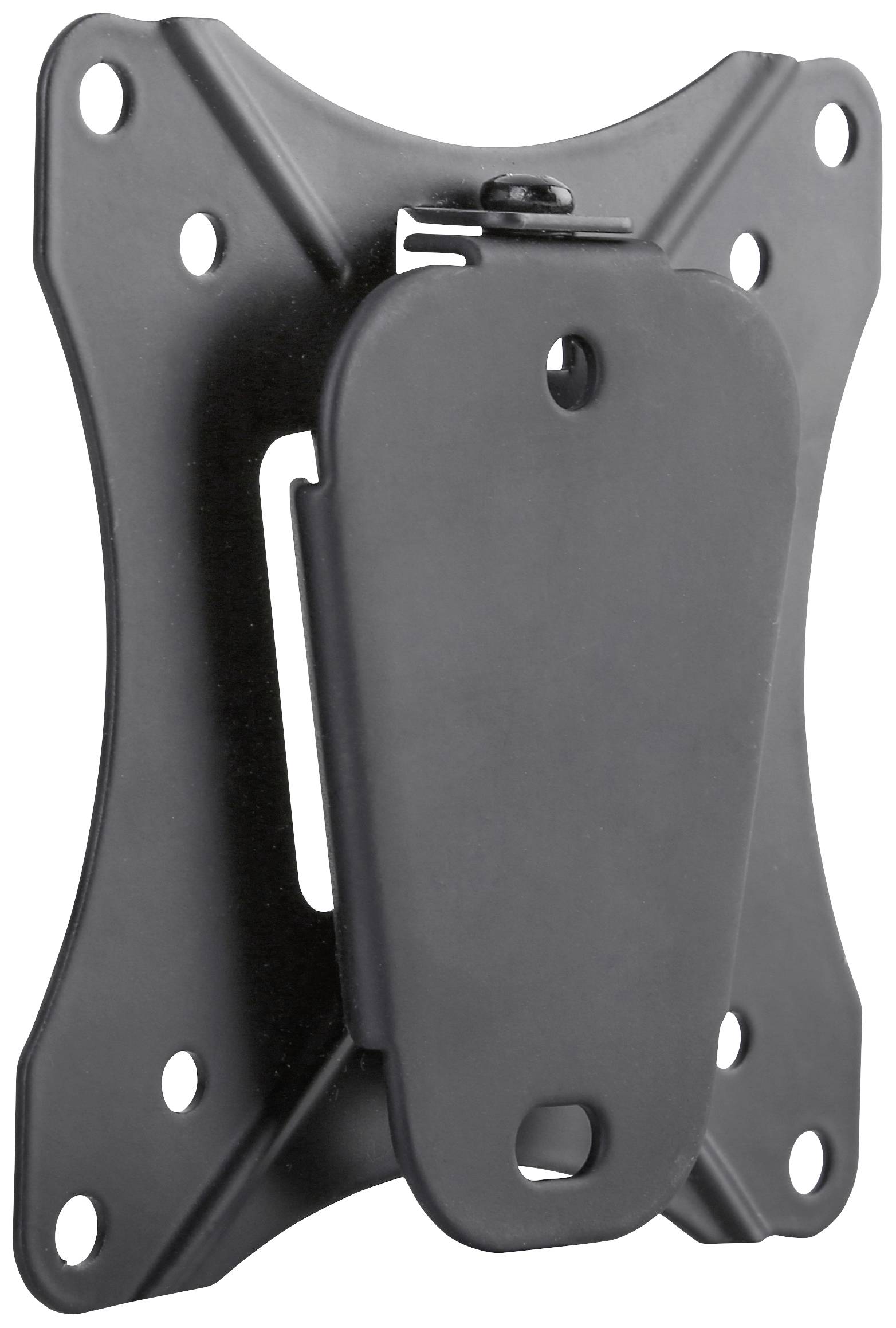 A black, wall-mountable bracket for flat-screen displays. It has multiple holes for mounting and is manufactured from metal.