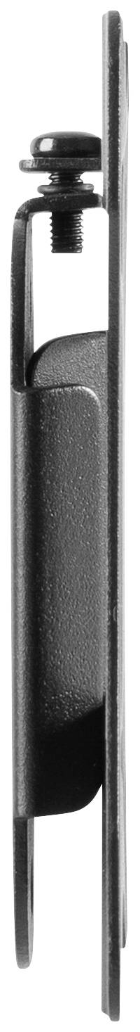 'Side view of a black hinged roller with threaded screw.'