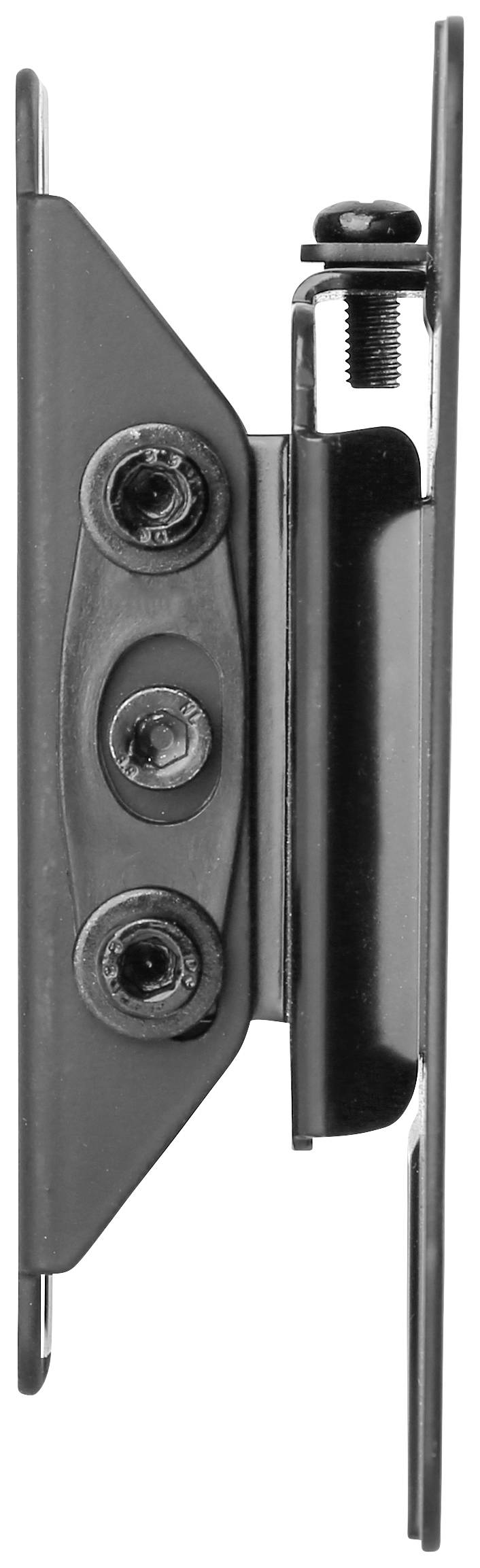 Metal mounting bracket with two plates connected by screws and bolts, side view showing fixing elements.