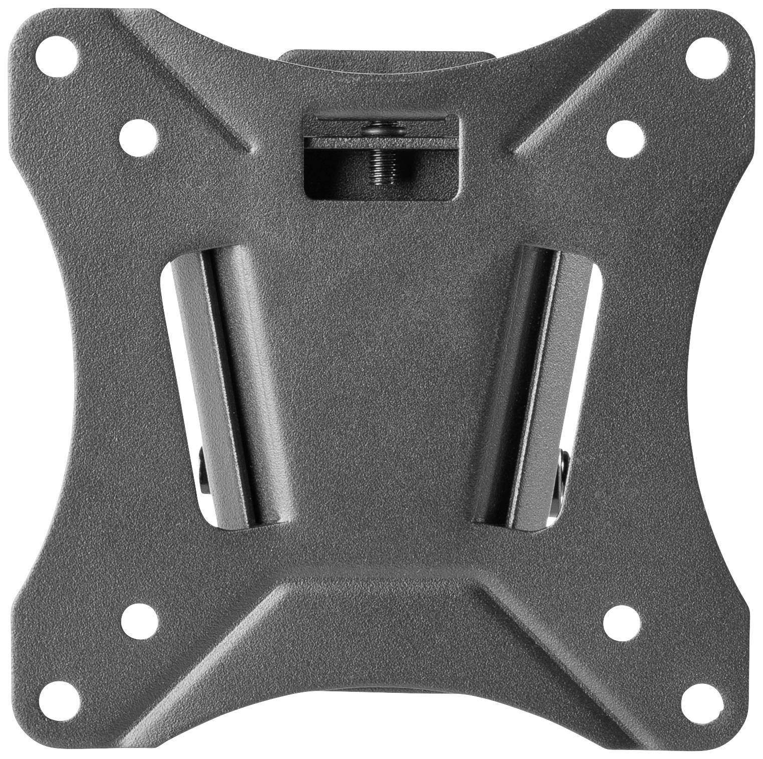 Wall mount for TV or monitor with VESA pattern, silver metal, suitable for small to medium-sized screens, sturdy.