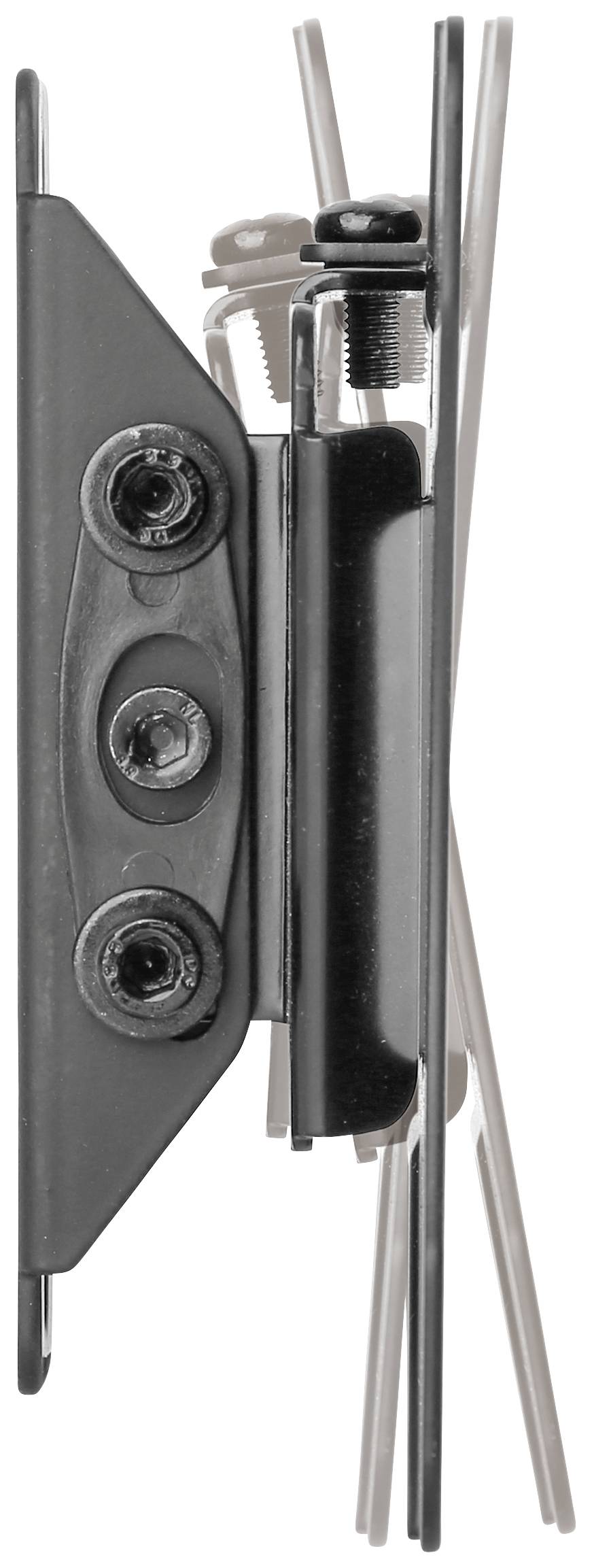 Metal mounting bracket with screws and bolts, side view.