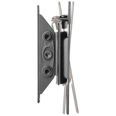 Metal mounting bracket with screws and bolts, side view.