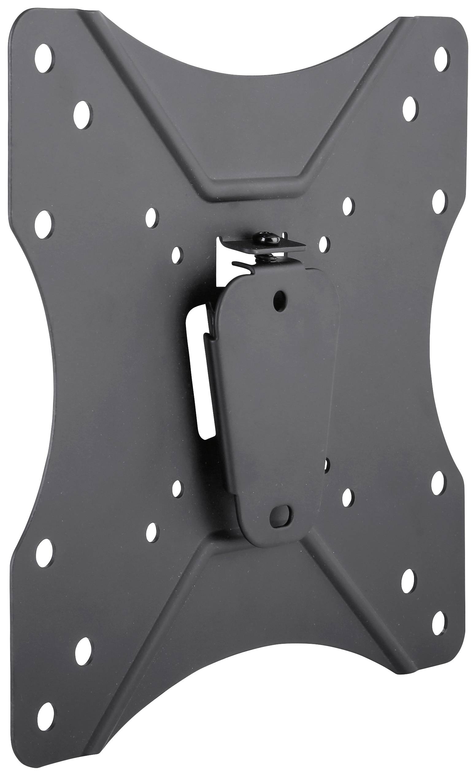 Black, flat metal TV wall mount with multiple screw holes for flexible mounting options.