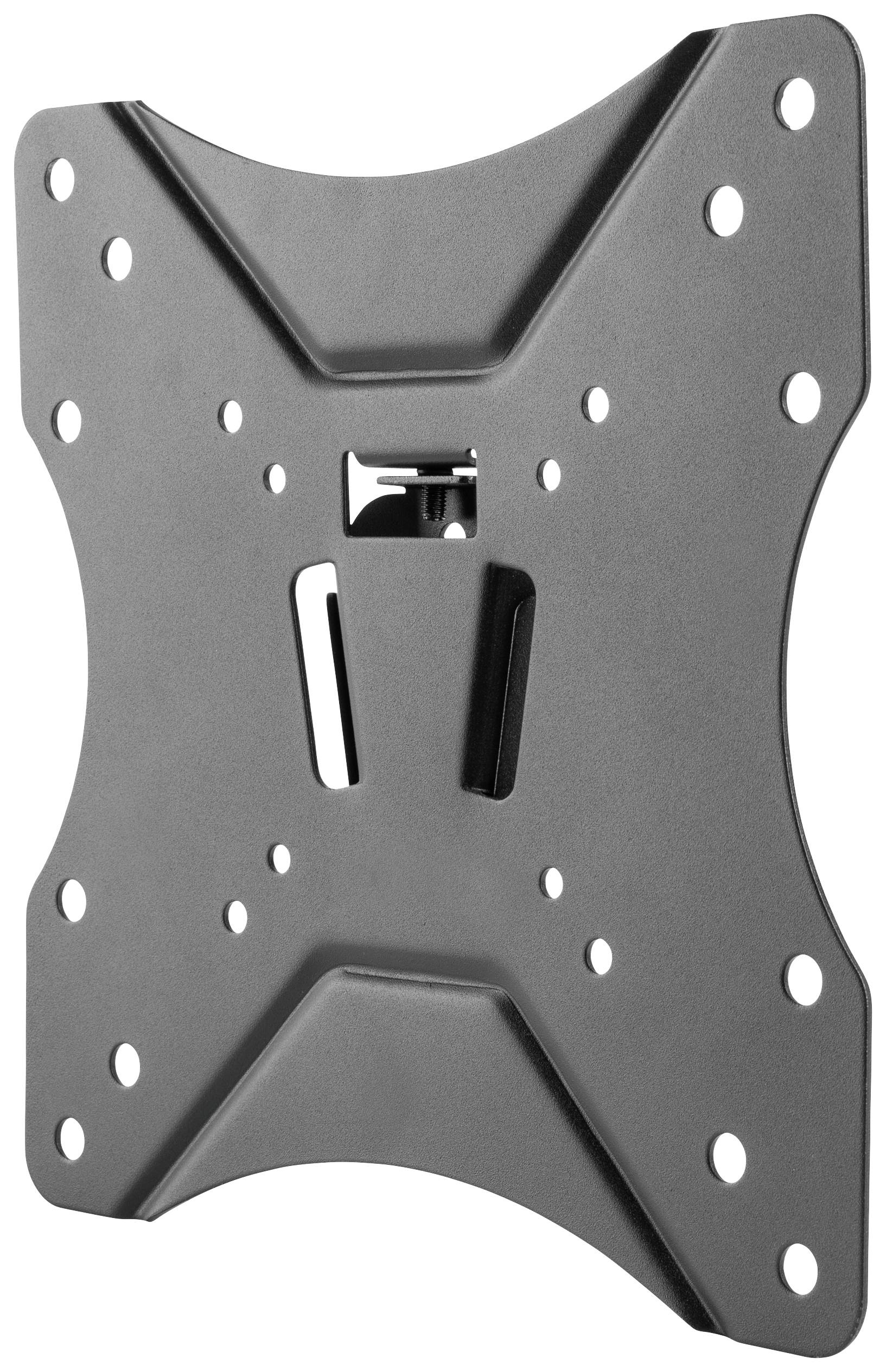 A black metal TV wall mount with multiple fixing holes, suitable for installing a flat-screen television.