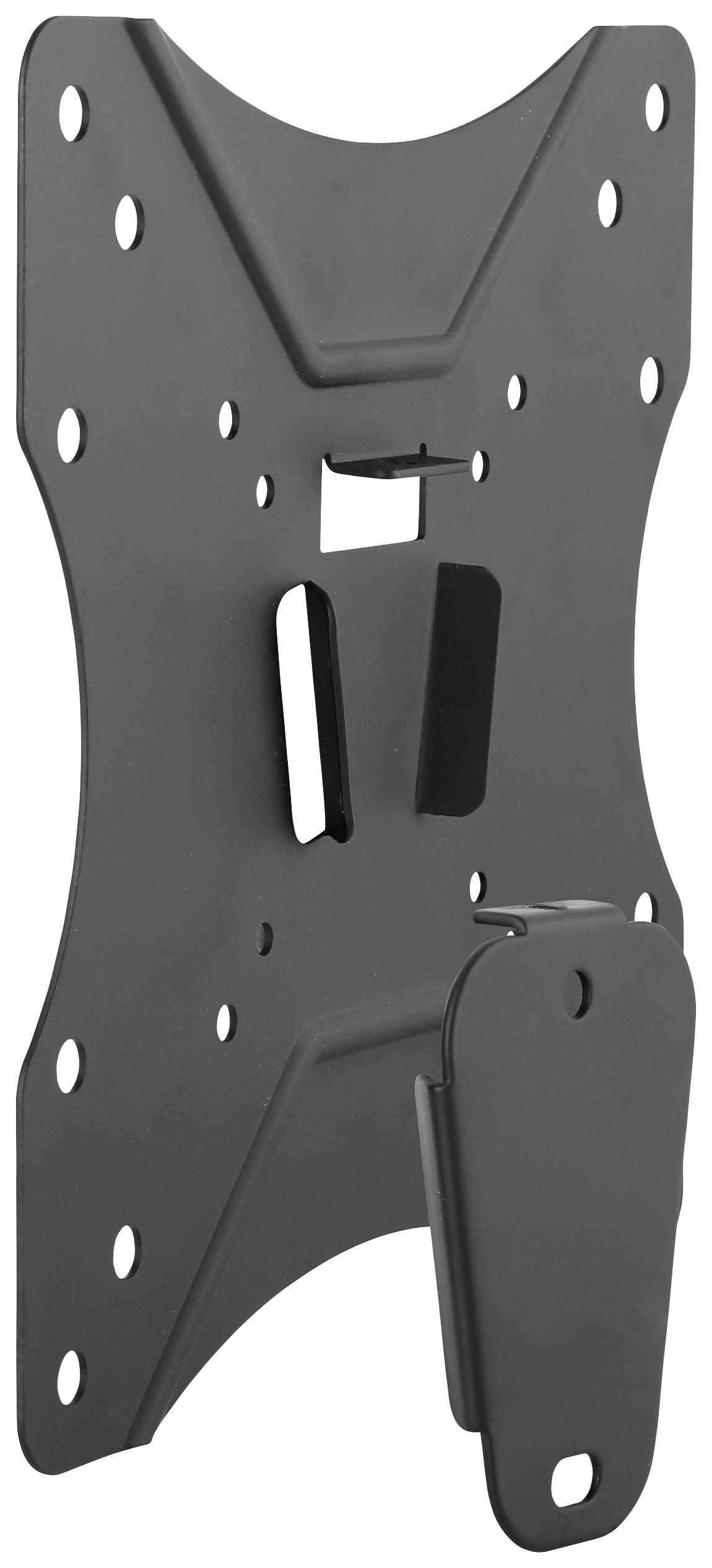 Black metal TV wall mount with multiple fixing holes and a detachable lower section.