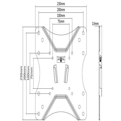 Technical drawing of a mounting bracket with dimensions: 230mm x 230mm, 200mm x 200mm. Side depth 13mm. Screw holes visible.