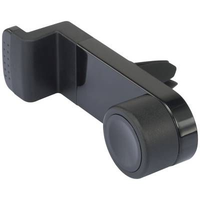 Black, compact smartphone holder for the car, with adjustable clamp and ball joint for mounting on air vents.