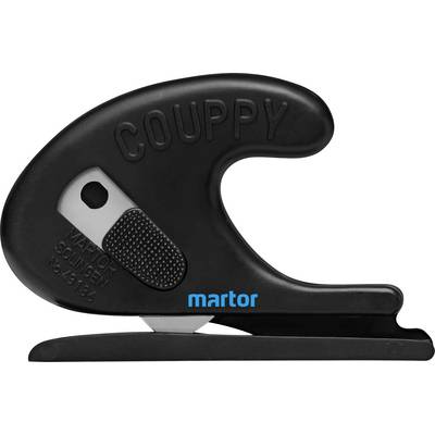 Black Martor Couppy Safety Cutter with ergonomic handle, blade partially visible. Text on blade reads: 'Solingen No. 43-129'.