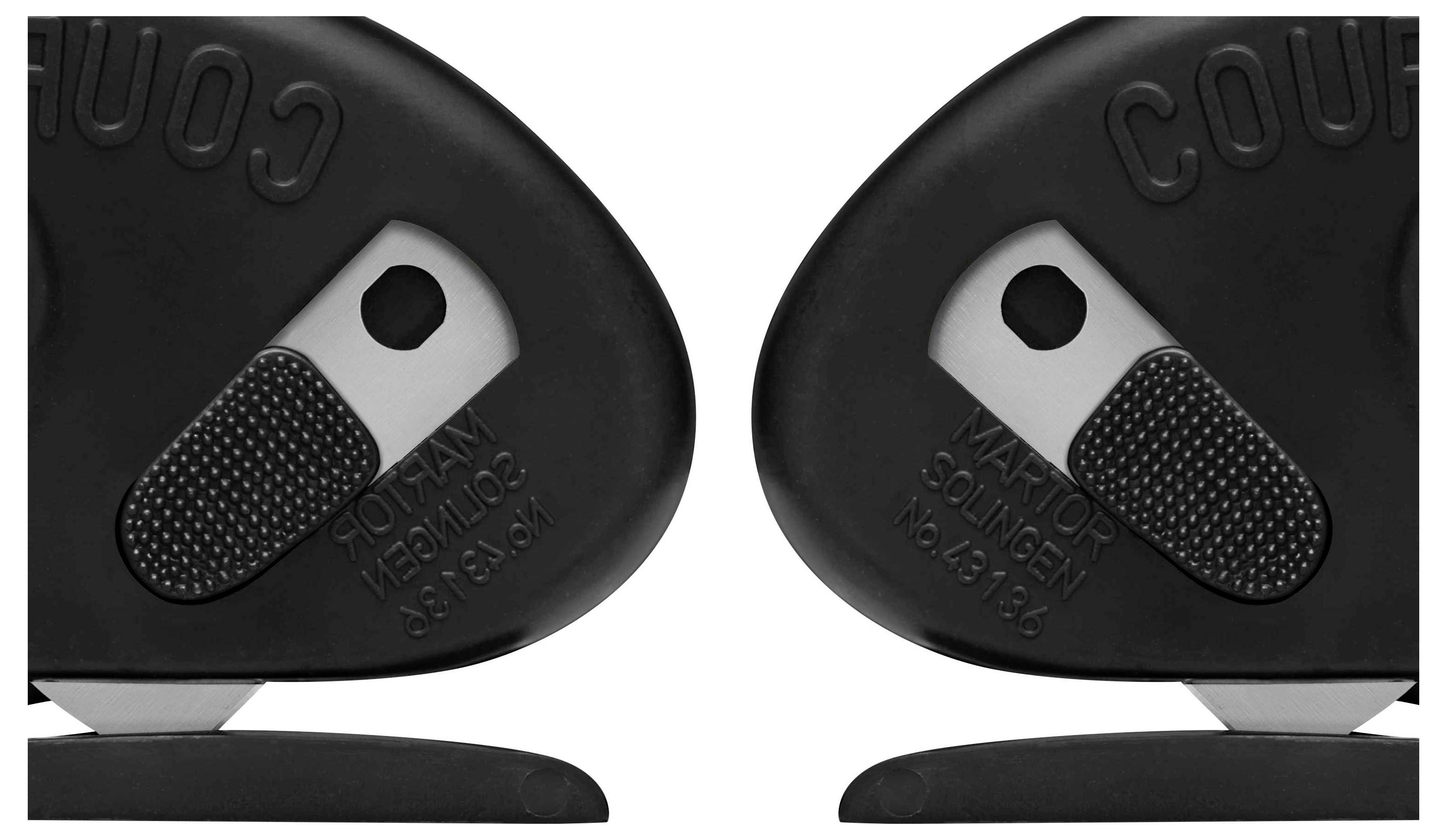 Black and white close-up of two identical objects with labelled surfaces and textured handles.